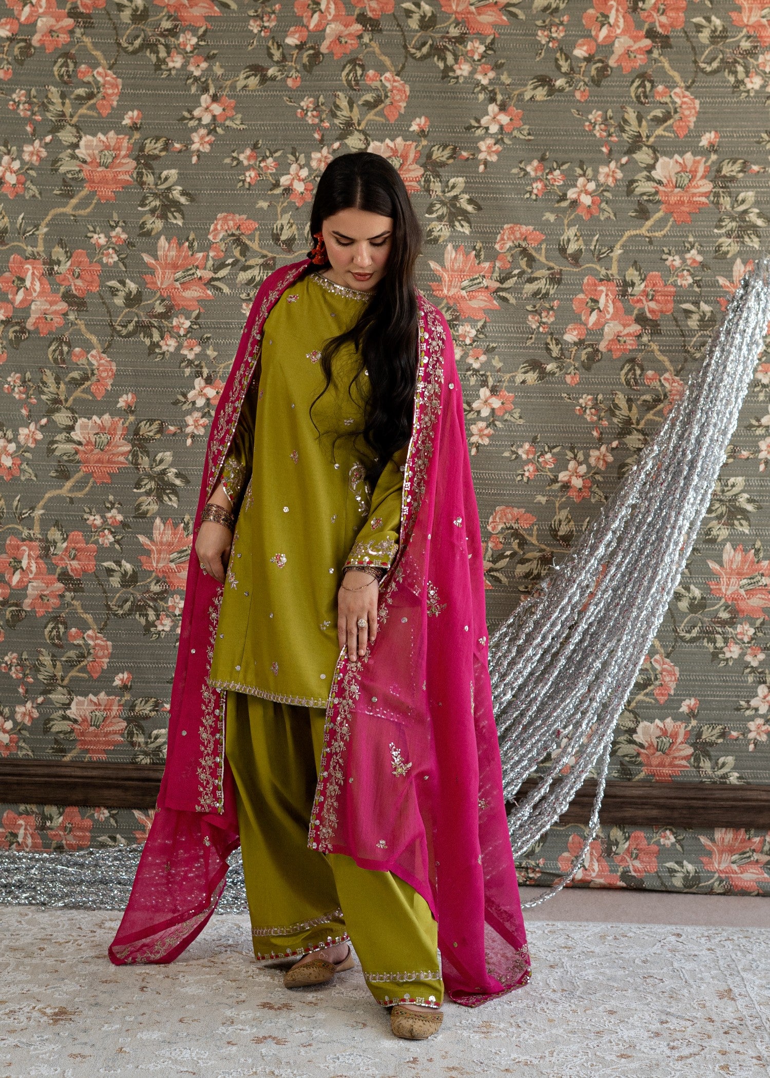 lawn Kurta Set in Shocking pink, olive green