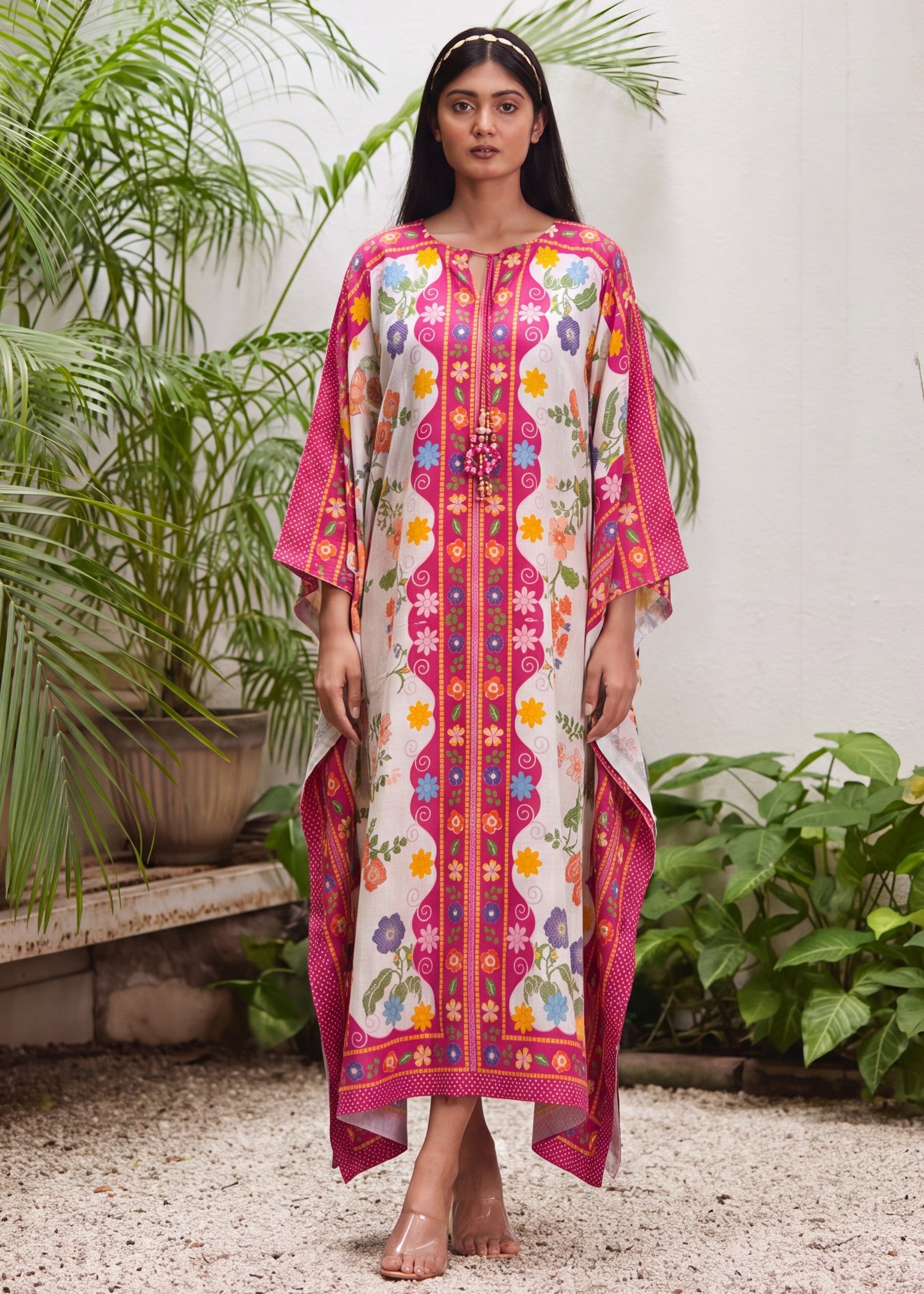 textured lawn Kaftan in Hot pink red