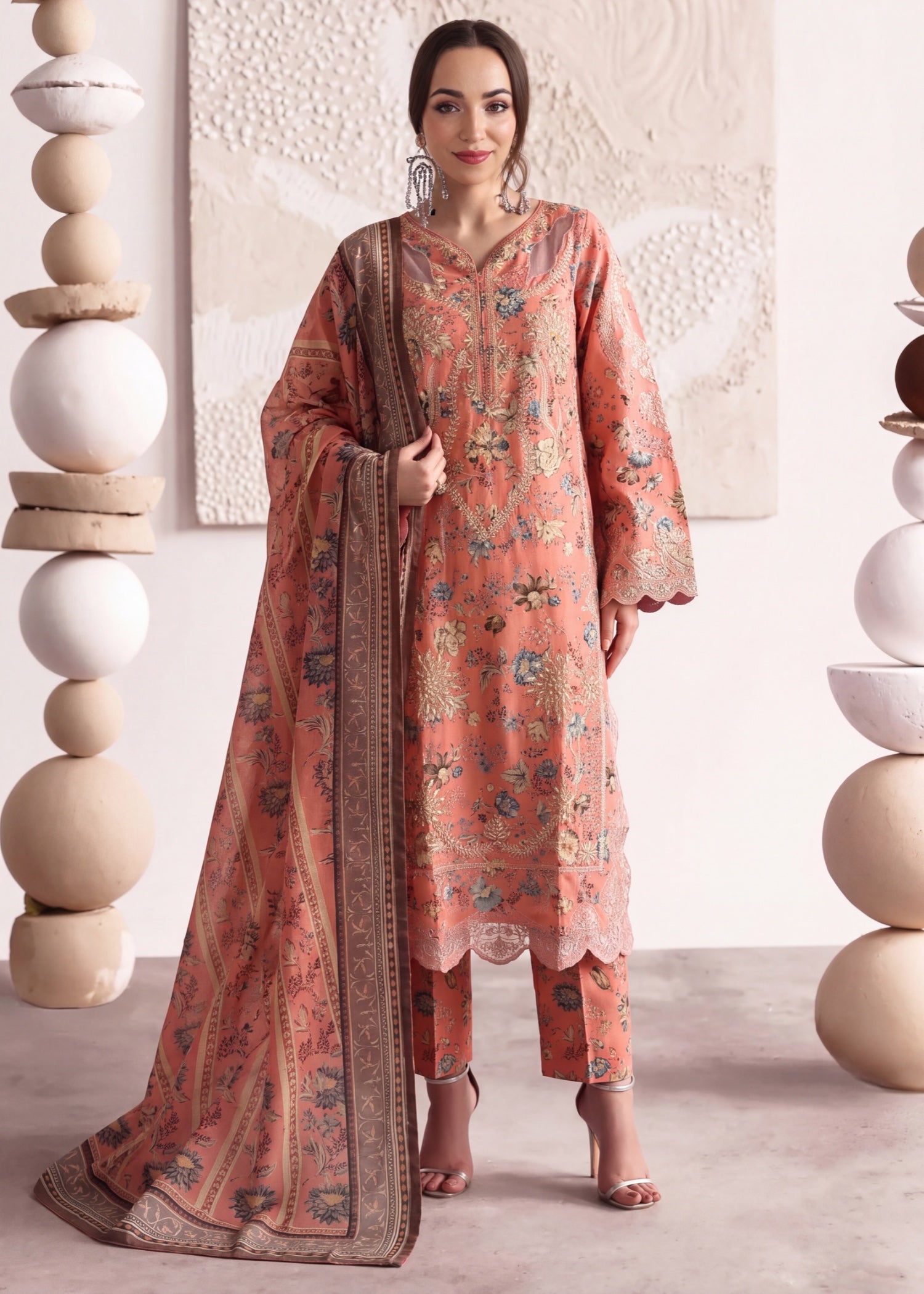 lawn cotton Kurta Set in Peach pink, coral pink