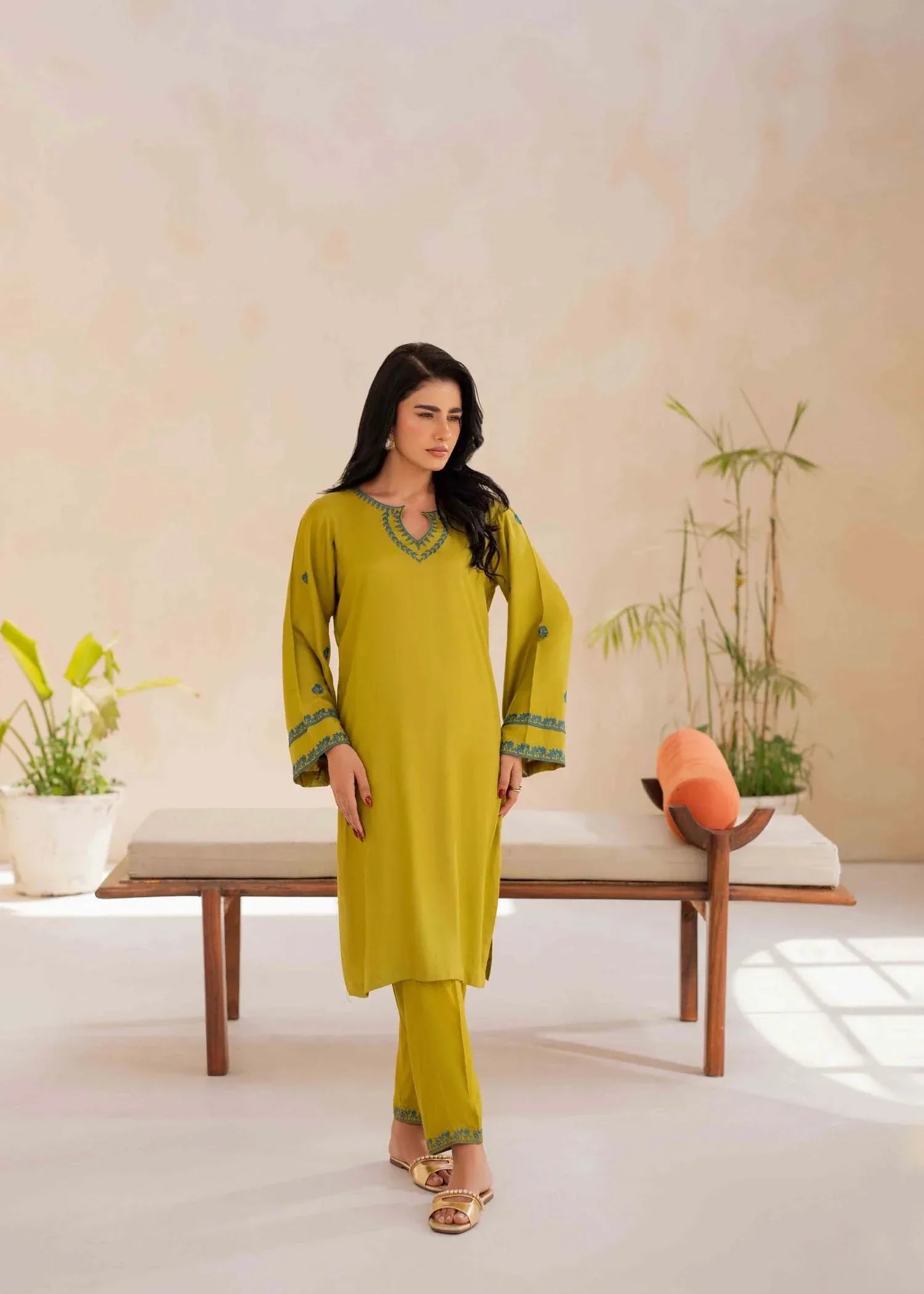 tropical Kurta Set in Lime green