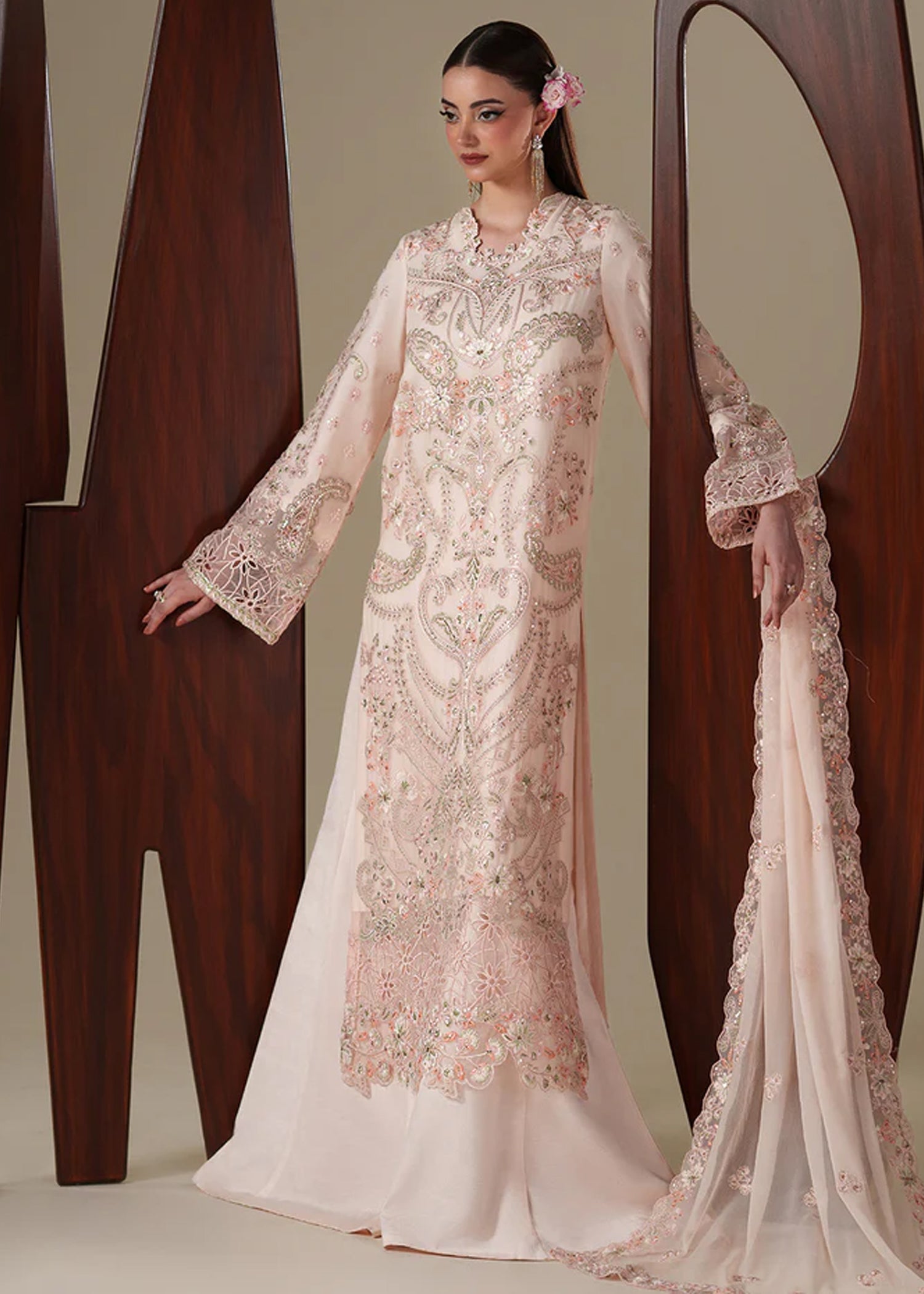 chiffon Unstitched in Pearl white, wheat