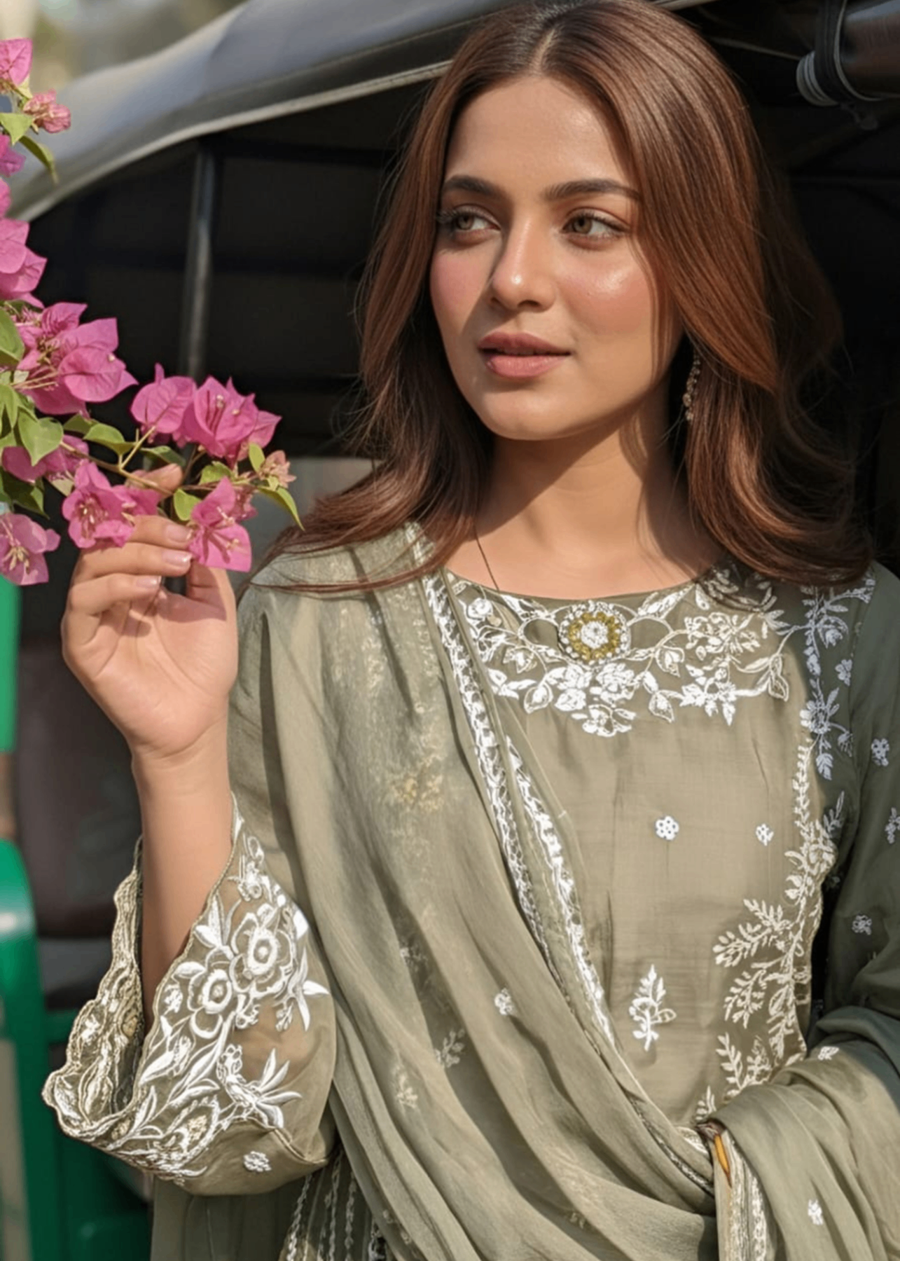 organza Kurta Set in Olive green