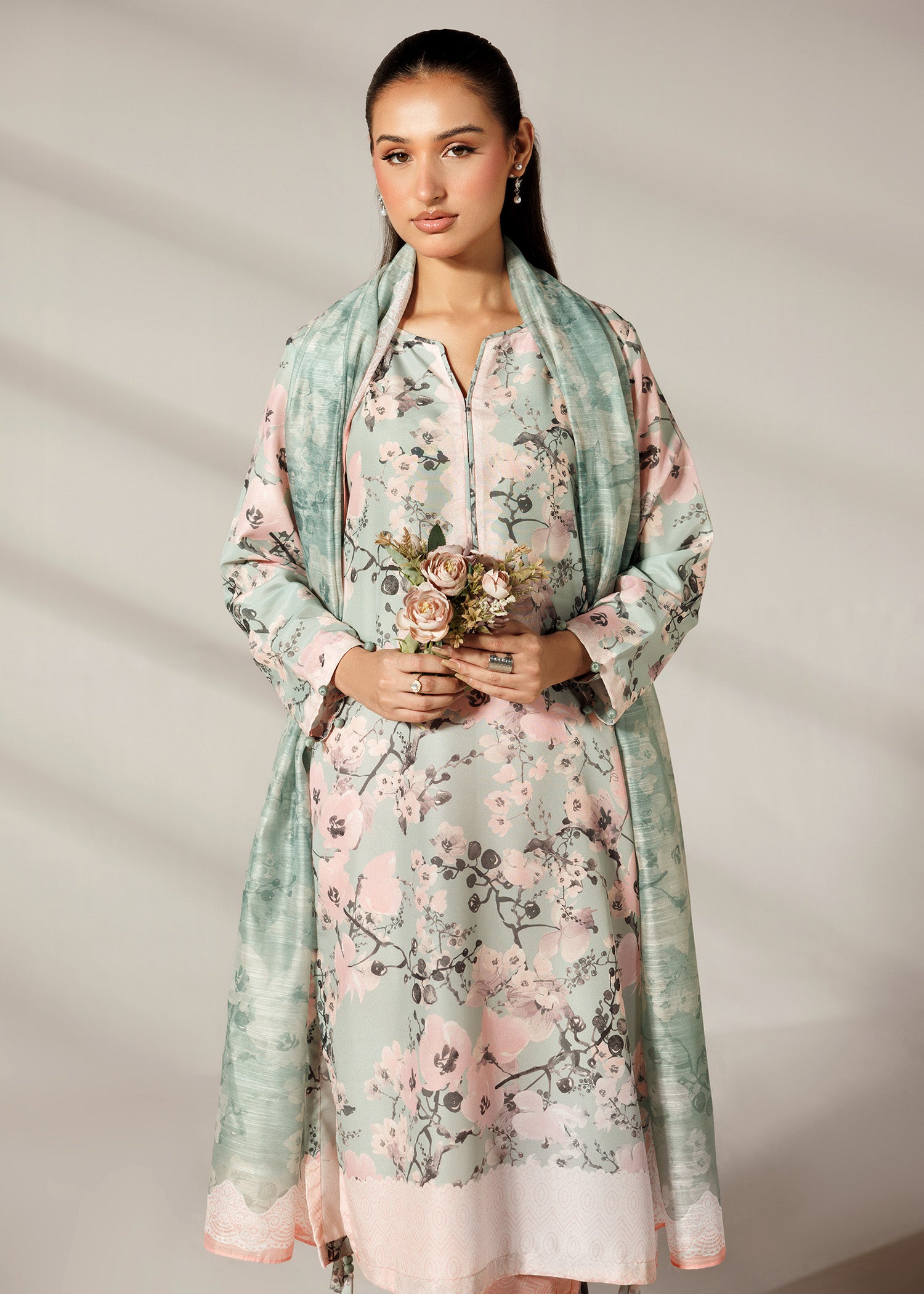 silk finish lawn Kurta Set in Multi