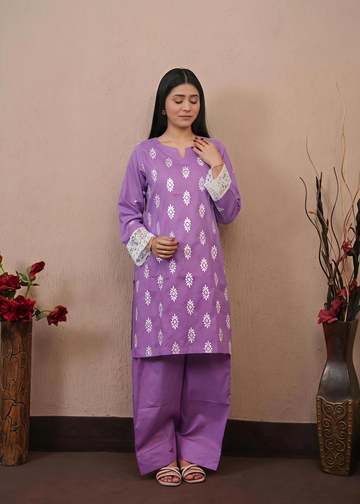lawn Kurta Set in Lilac, beige, copper