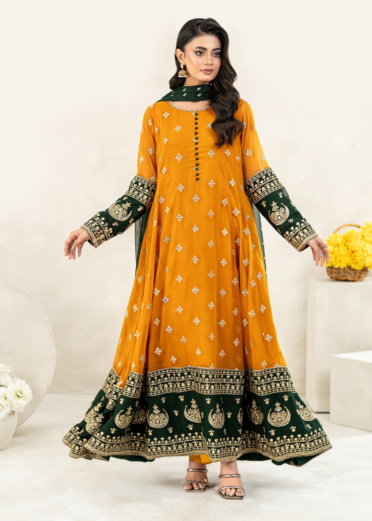 chiffon Anarkali in Mustard