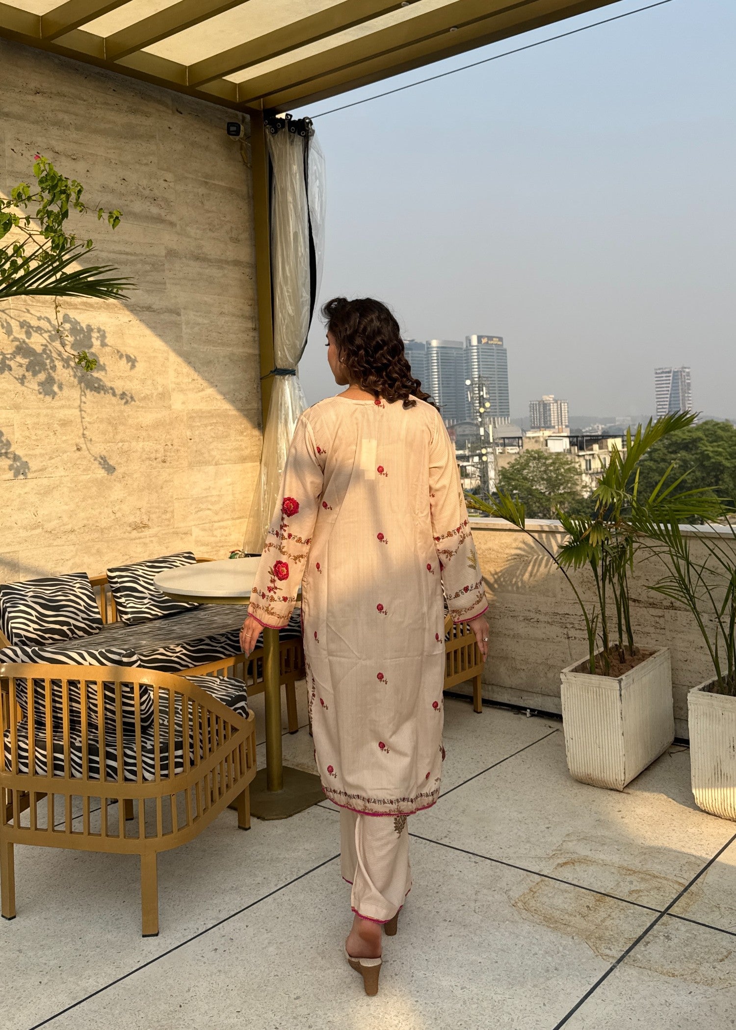 dobby Kurta Set in Beige