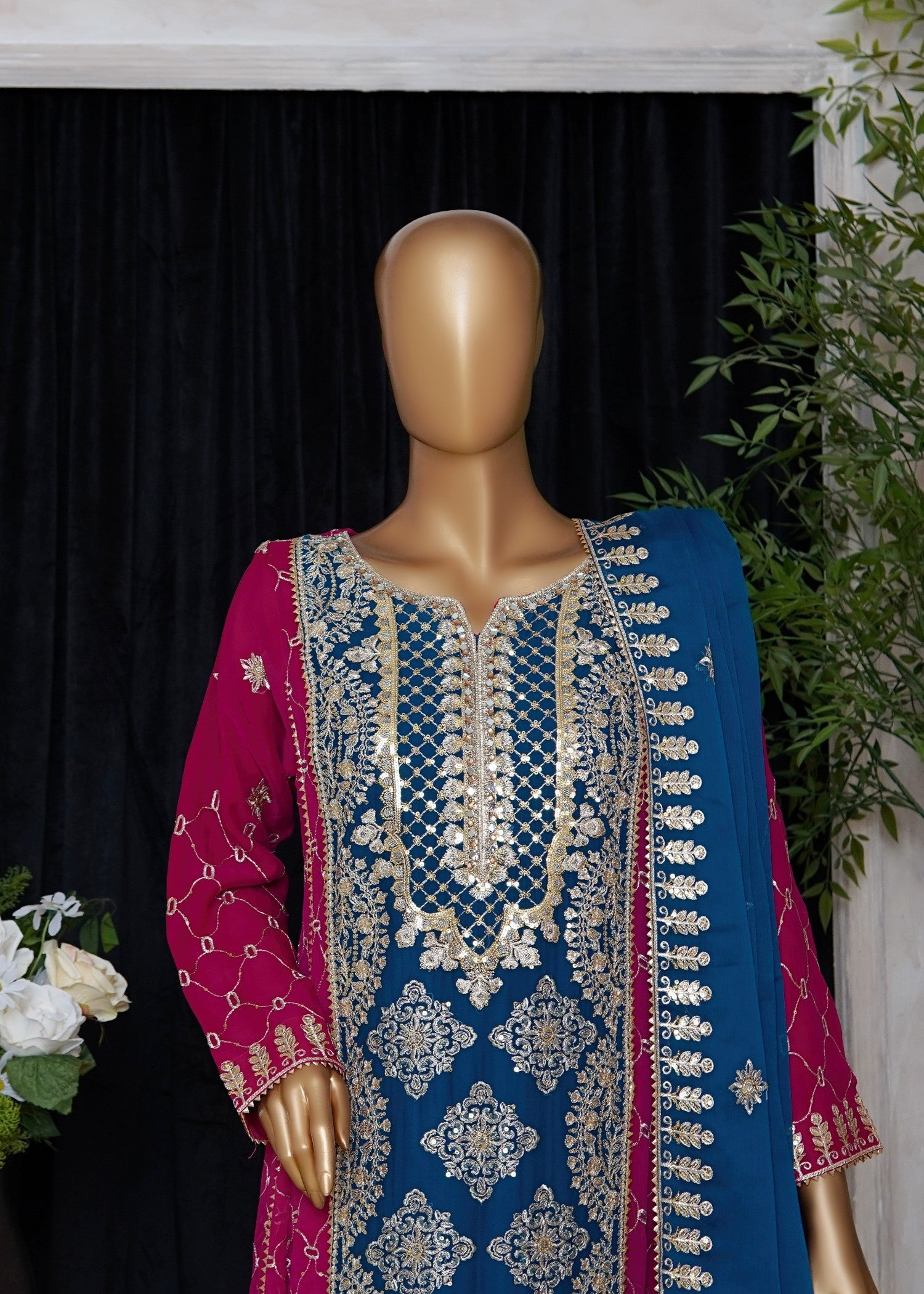 chiffon Pishwas in Sapphire blue, cherry red