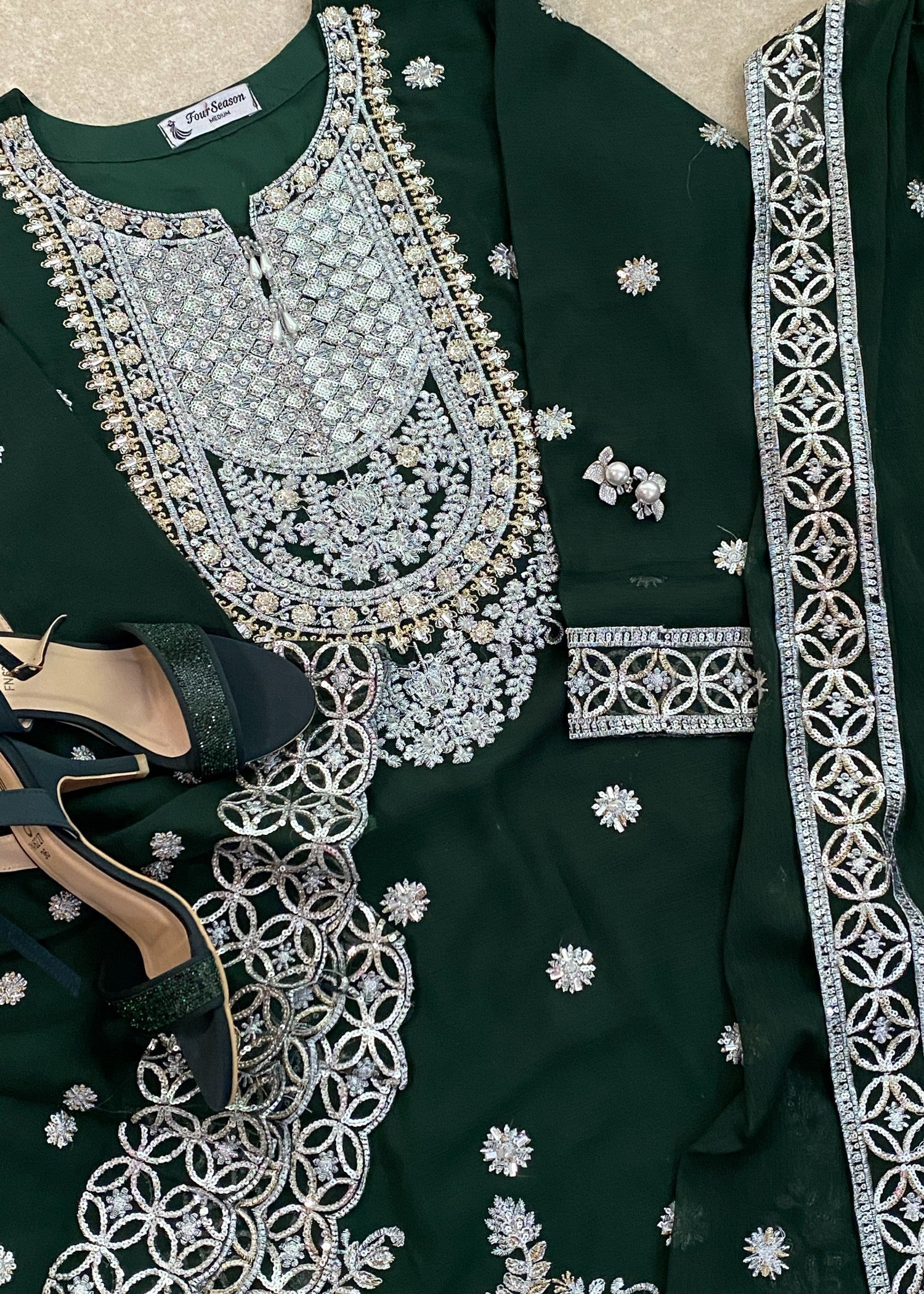 chiffon Gharara in Bottle green