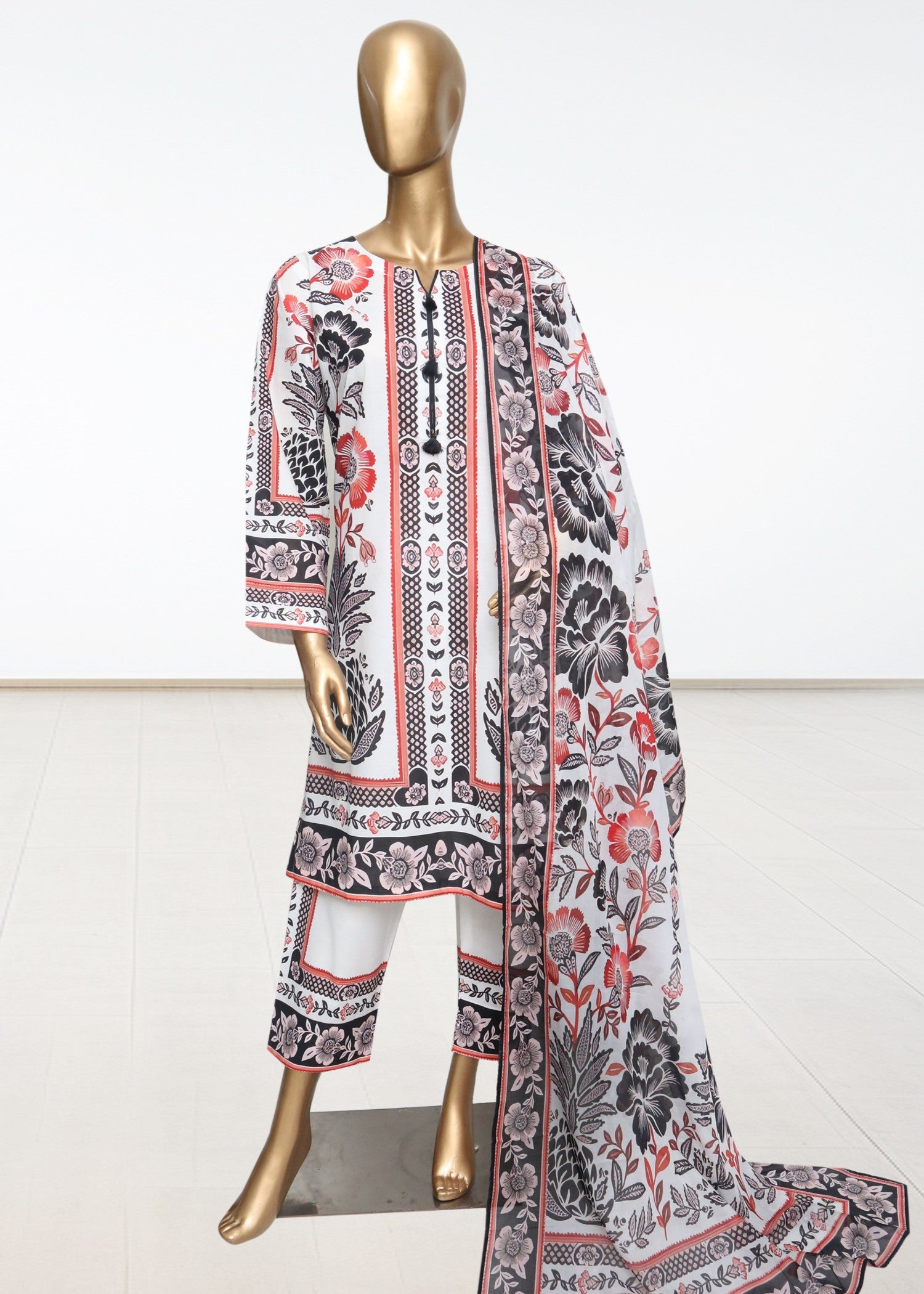 lawn Kurta Set in Black, white, chili red