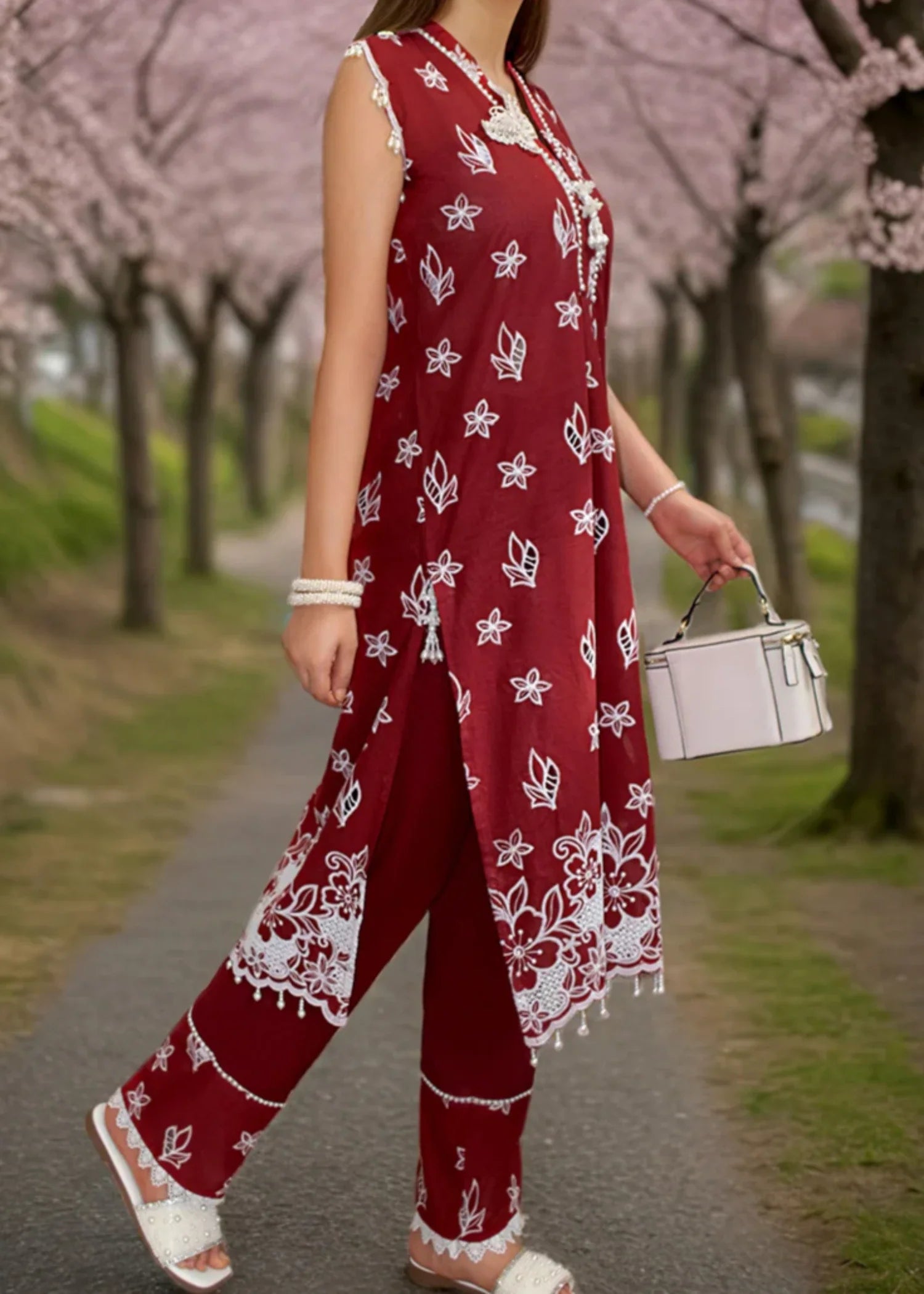 lawn Kurti in Berry red