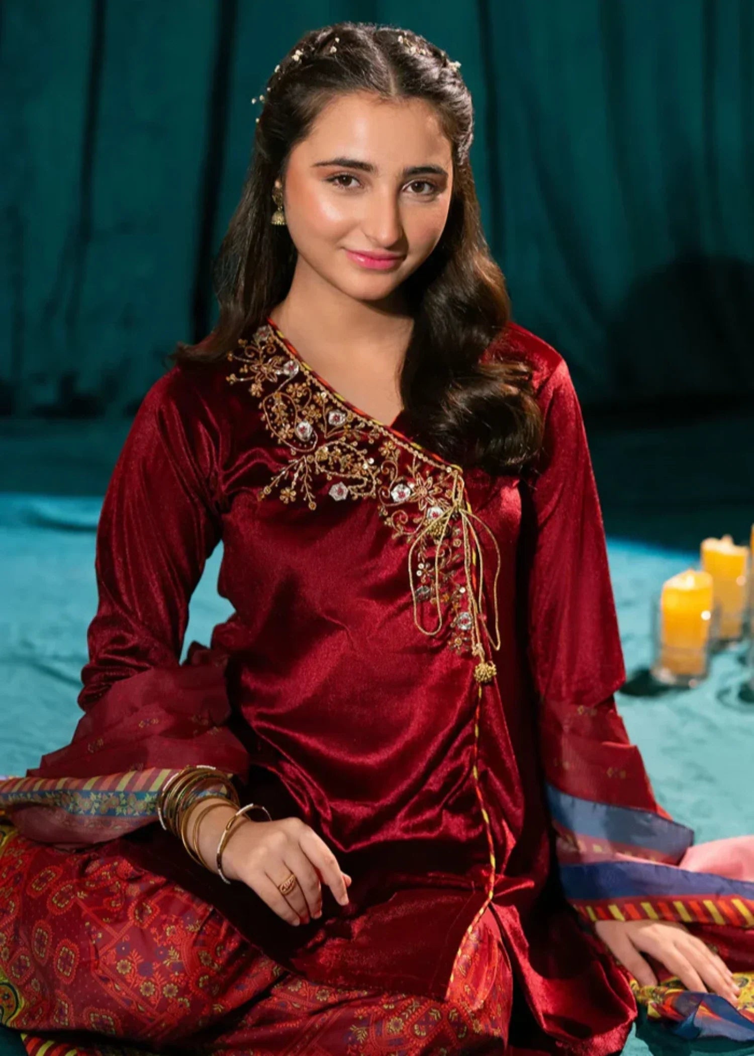 velvet Gharara in Maroon