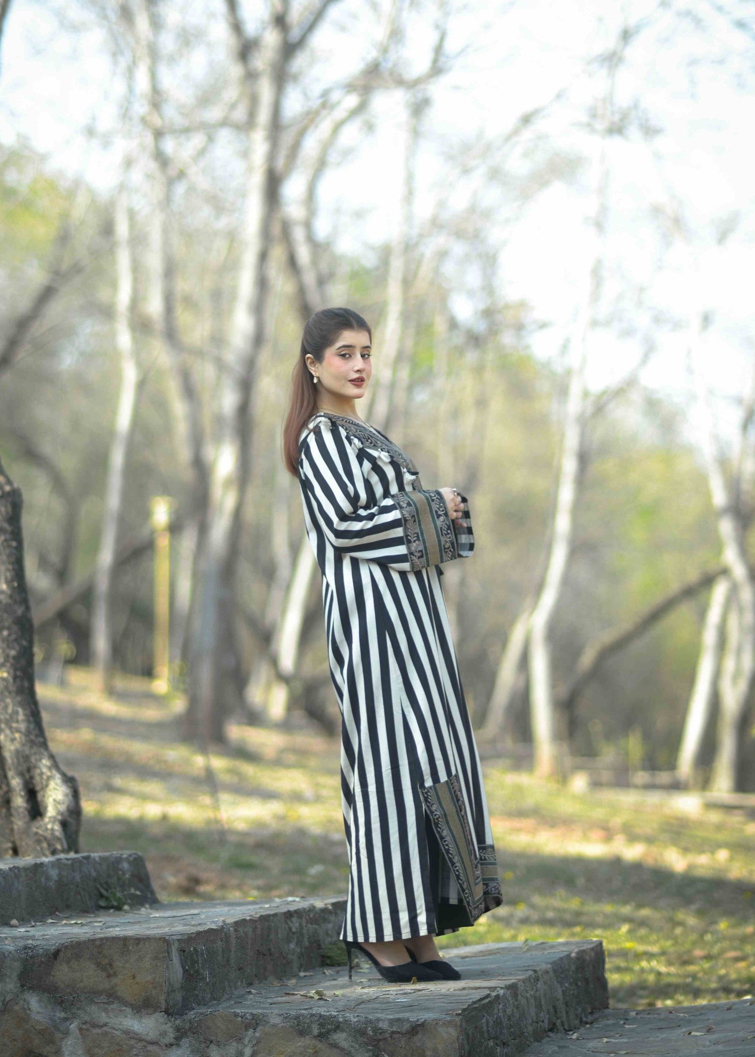 cotton Kaftan in White, black