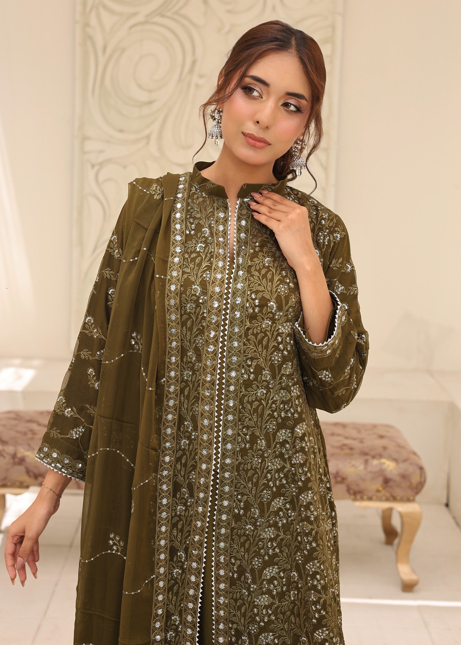 bemberg crinkle chiffon Maxi in Olive green