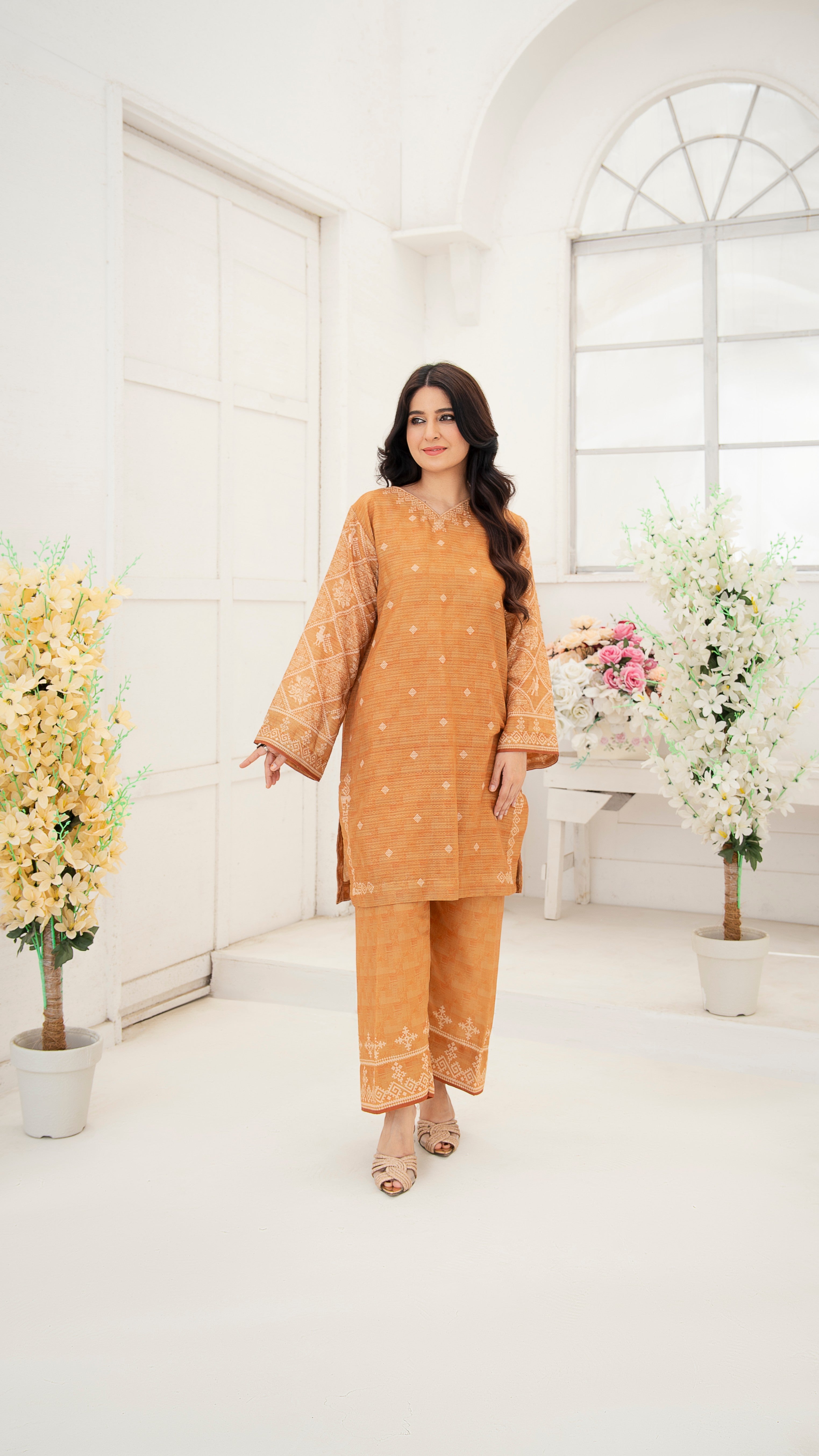 leno kara Kurta Set in Mustard