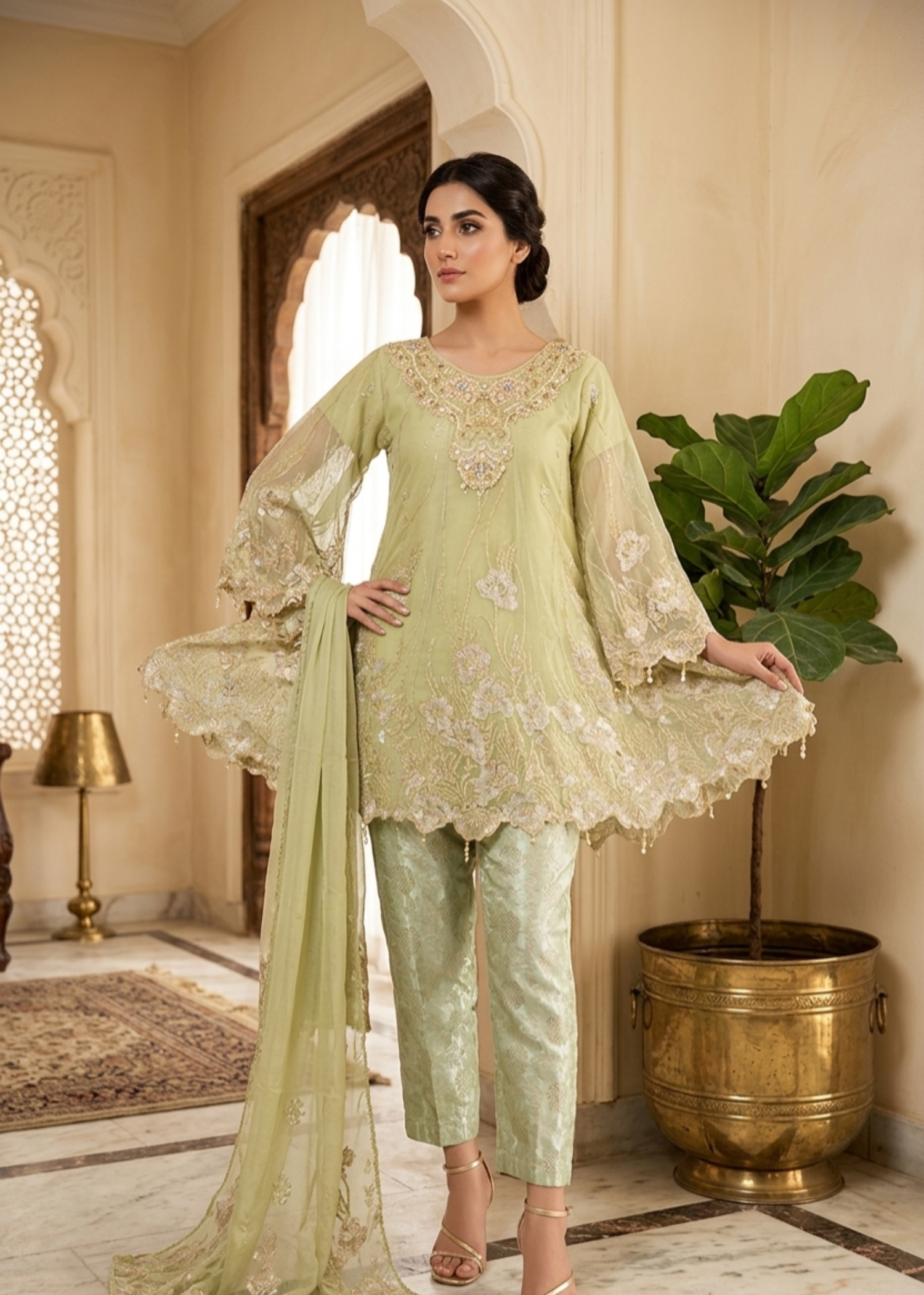 chiffon Short Frock in Tea green