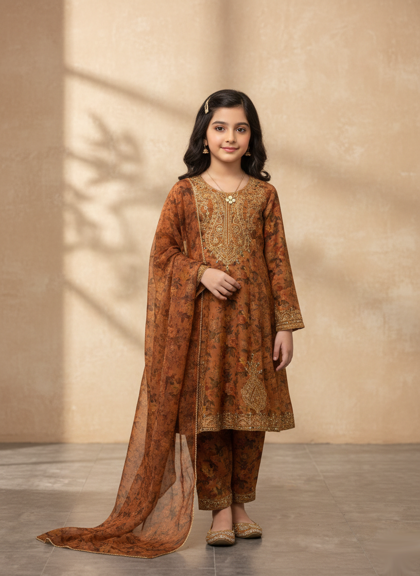 lawn Pishwas in Rustic brown