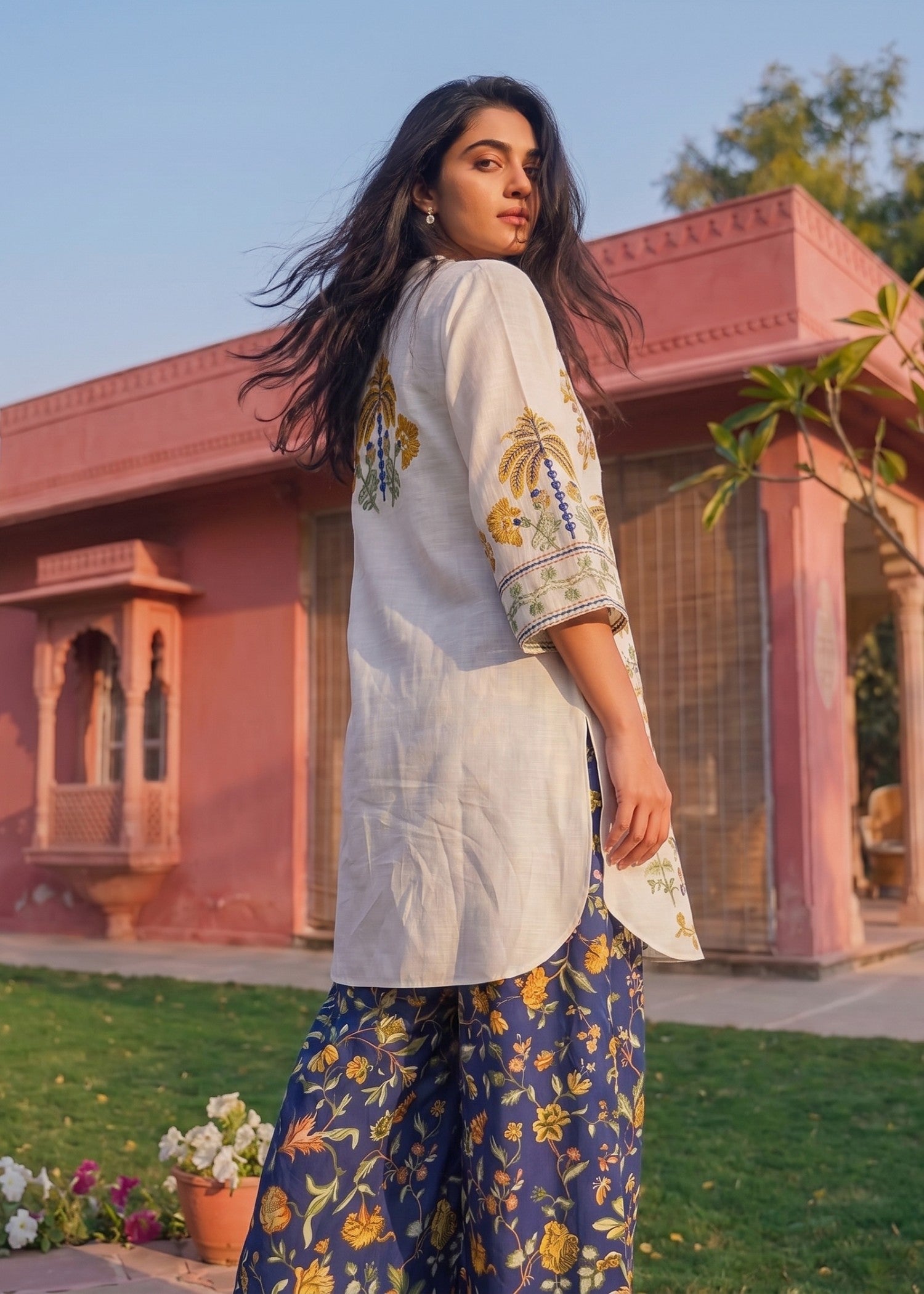 cotton Kurta Set in Off-white, midnight blue
