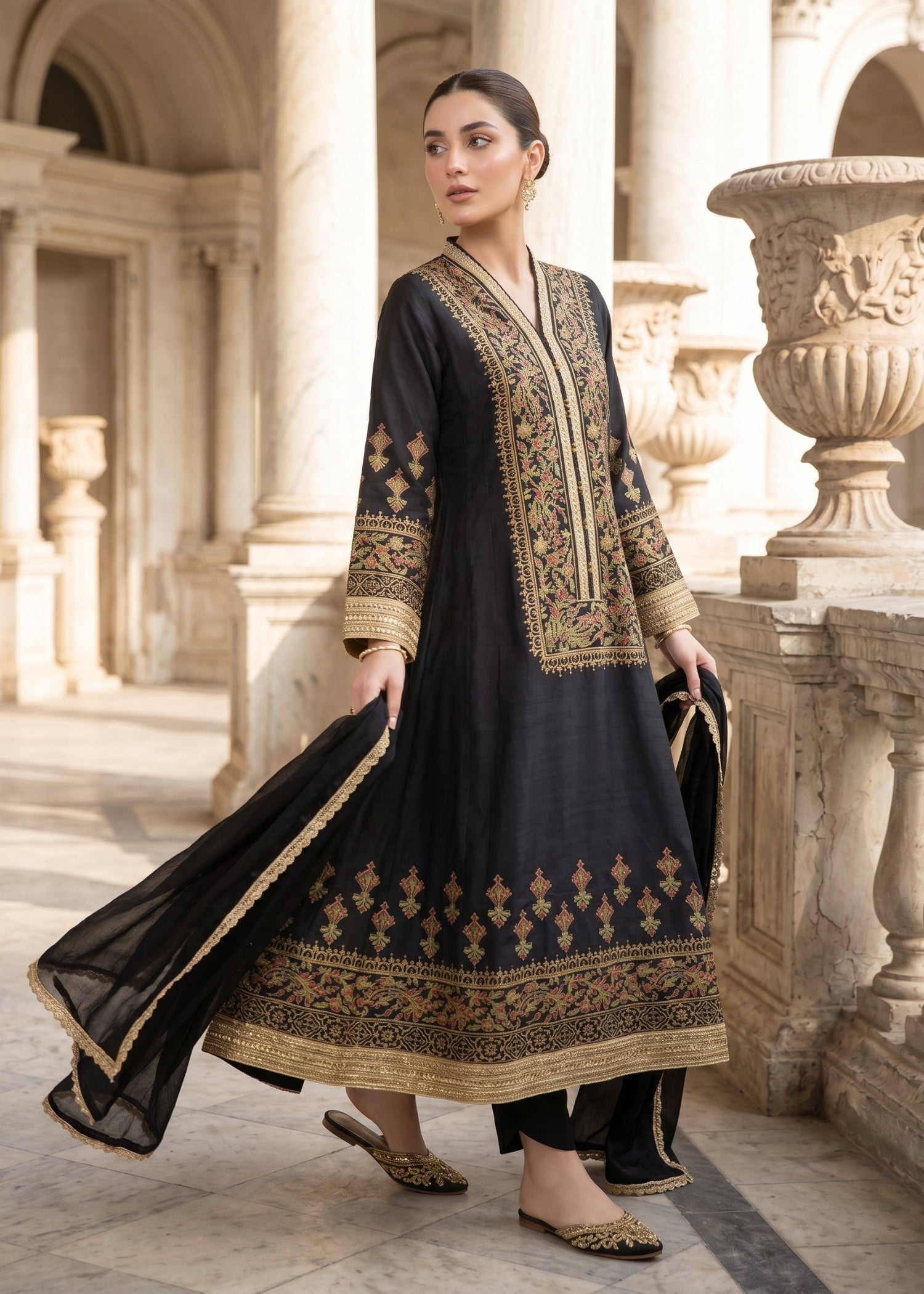 pk raw silk Anarkali in Black
