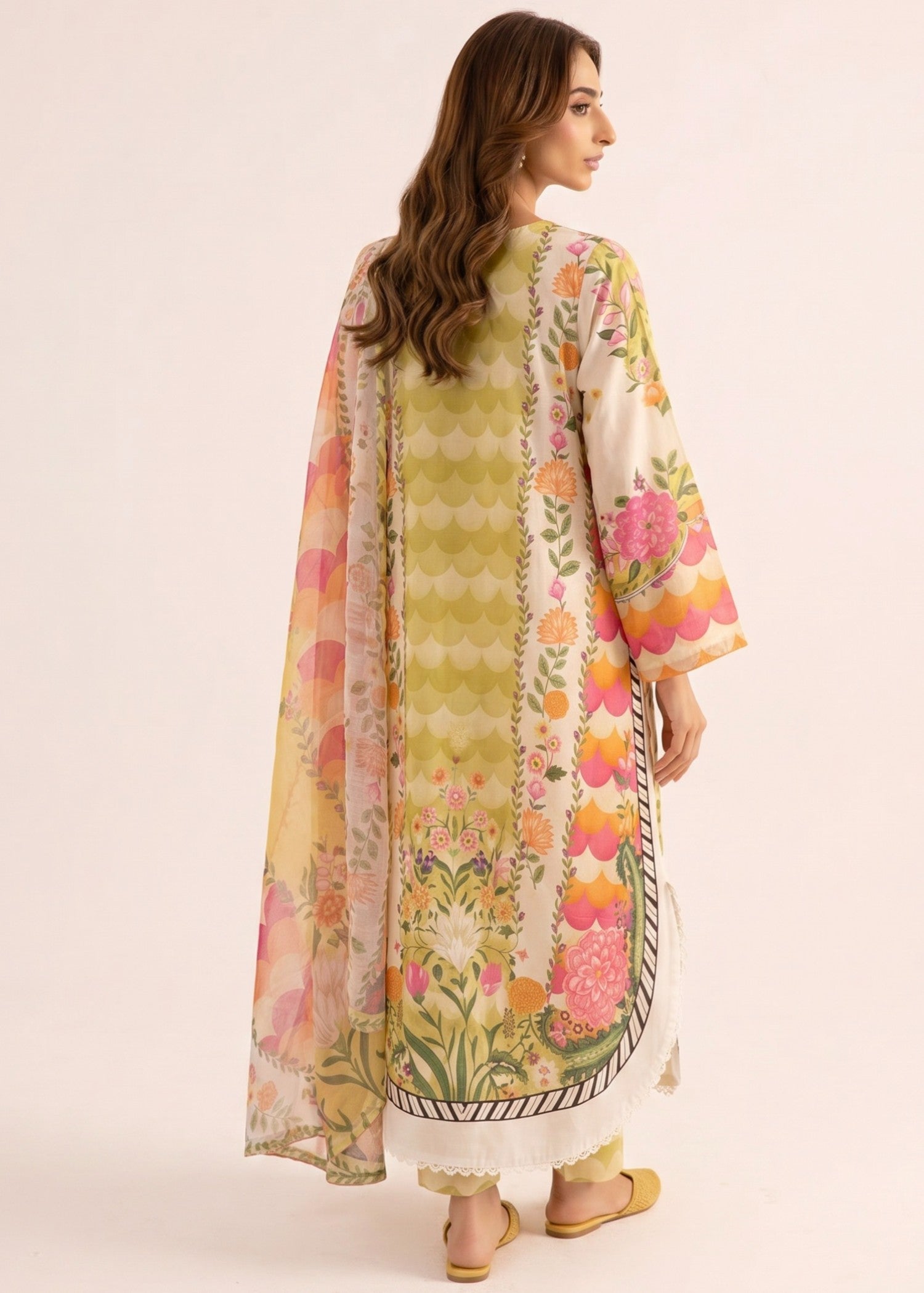 poly lawn Kurta Set in Yellow, multi, hot pink