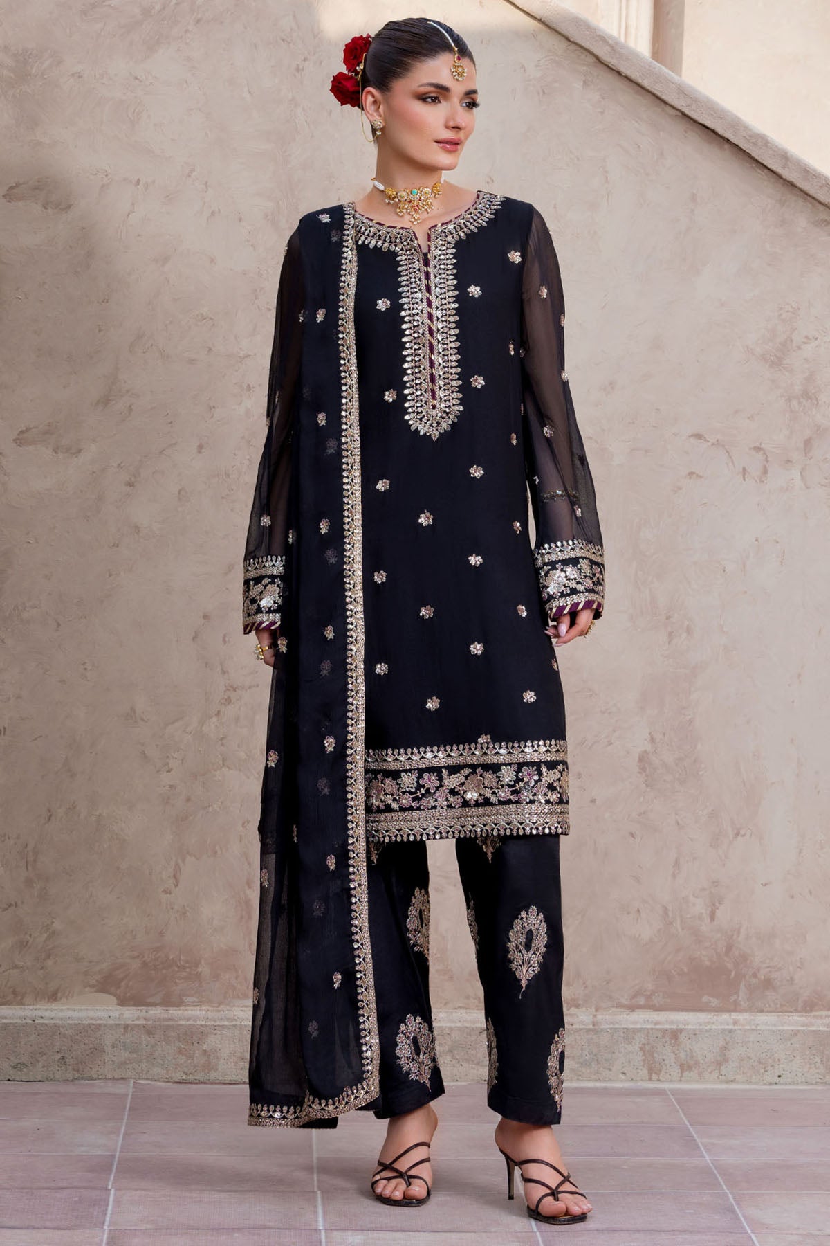 crinkle chiffon Kurta Set in Black