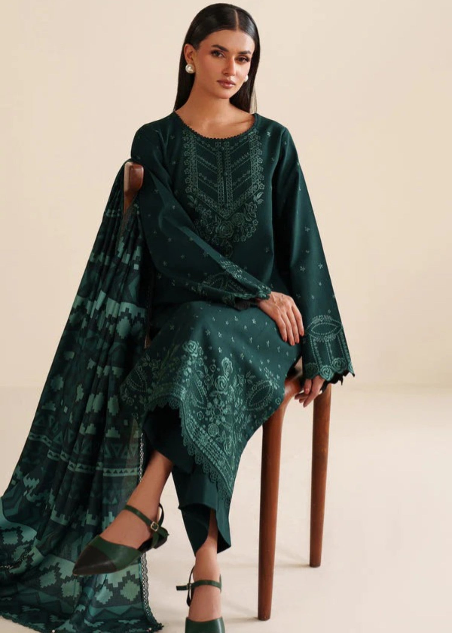 lawn cotton Kurta Set in Hunter green