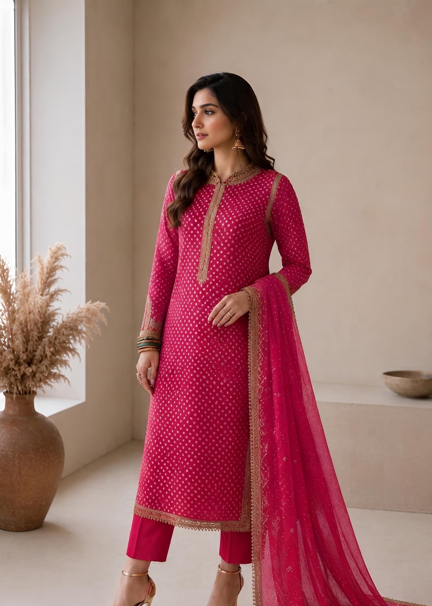 swiss lawn Kurta Set in Hot pink