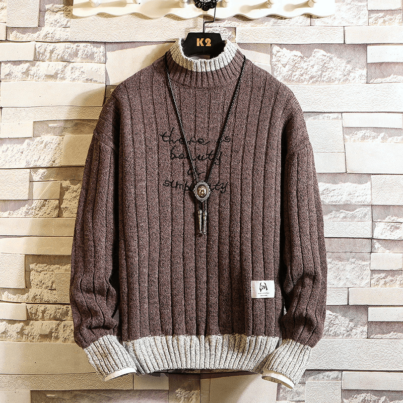 Long Sleeve Thick Half High Neck Letter Pullover Sweater for Men