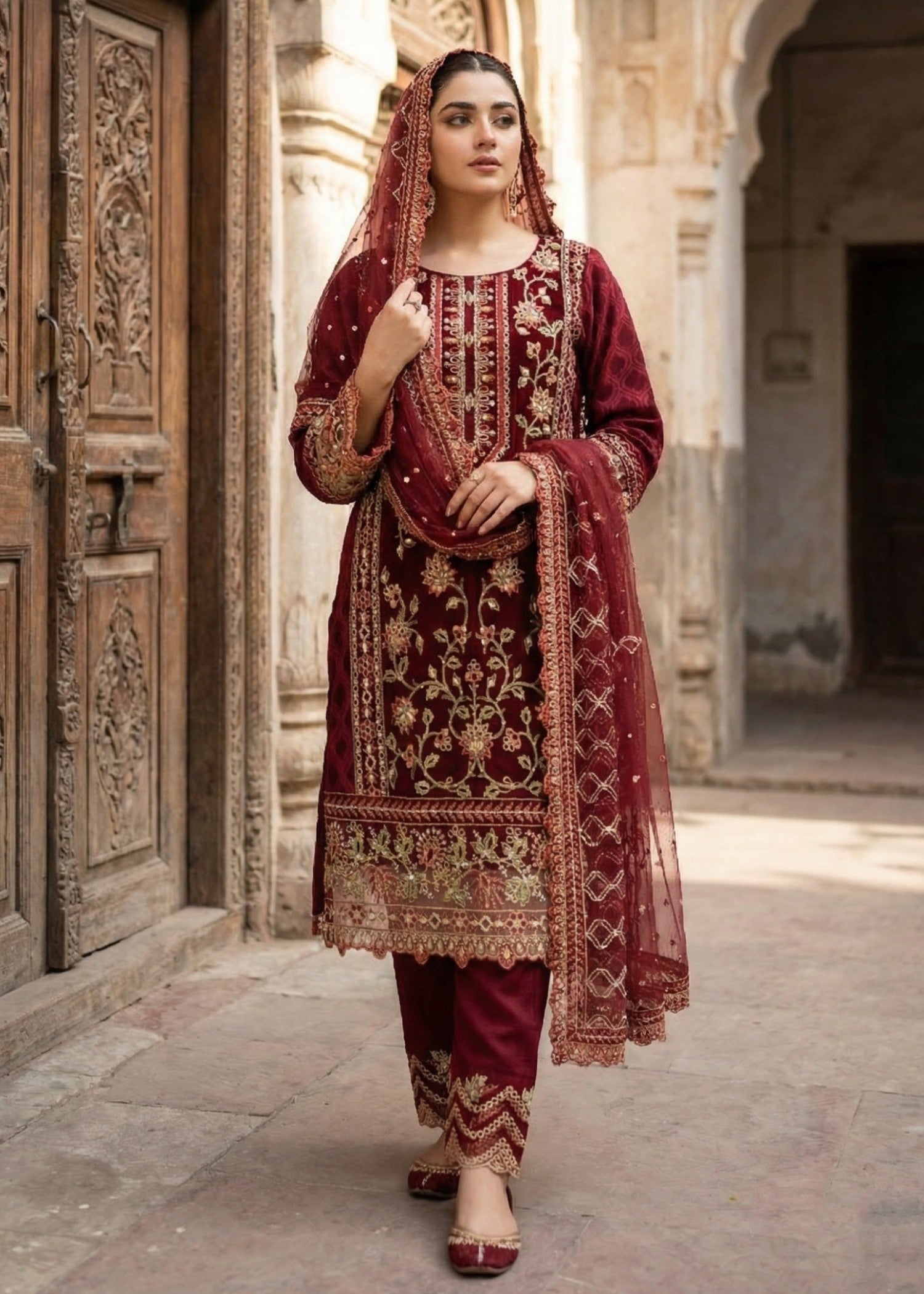 jacquard organza Kurta Set in Maroon