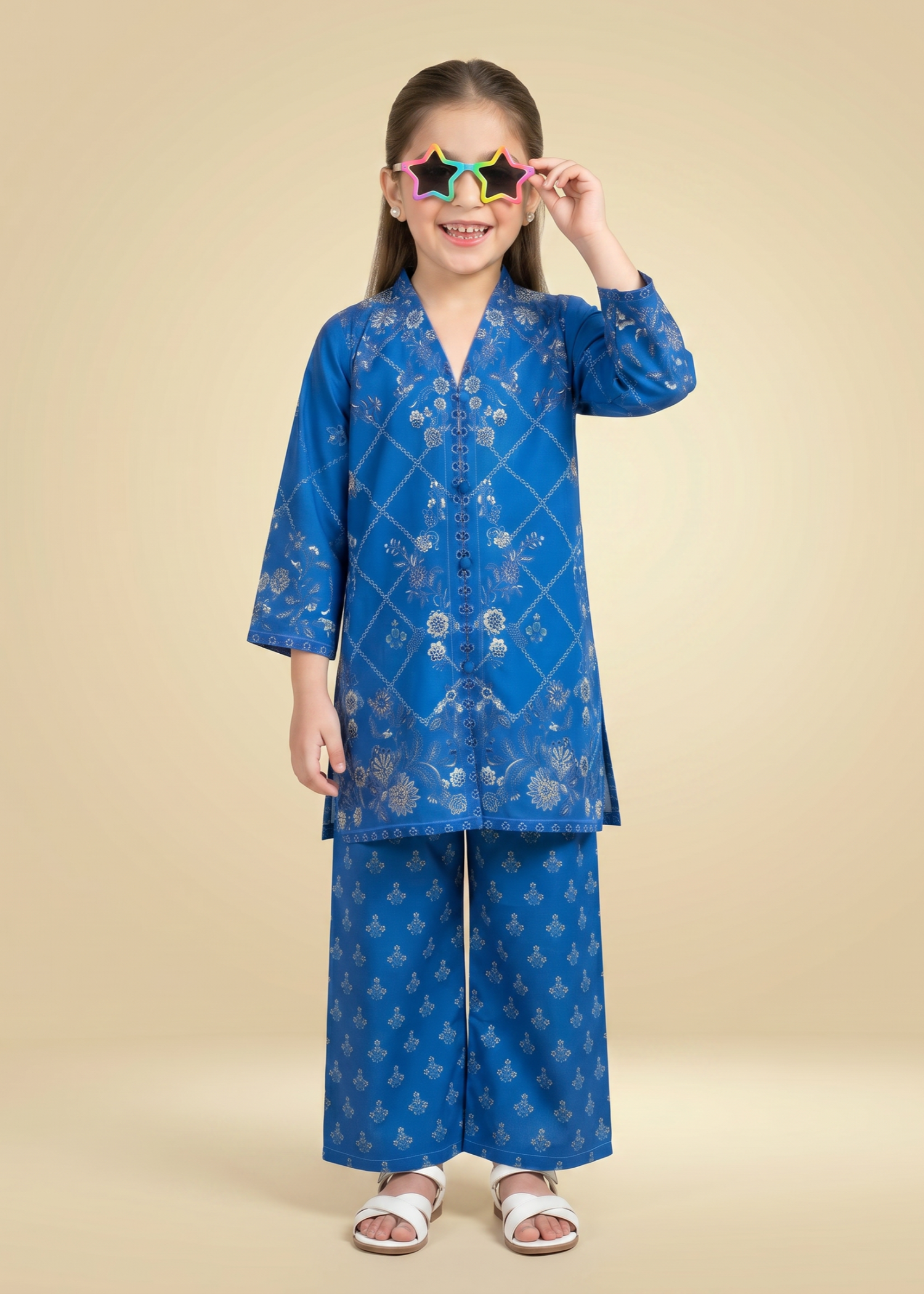 polyester crepe Kurta Set in Royal blue