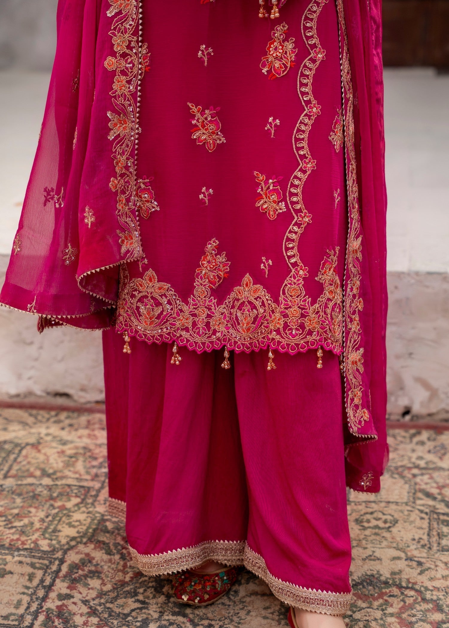 chiffon Kurta Set in Hot pink