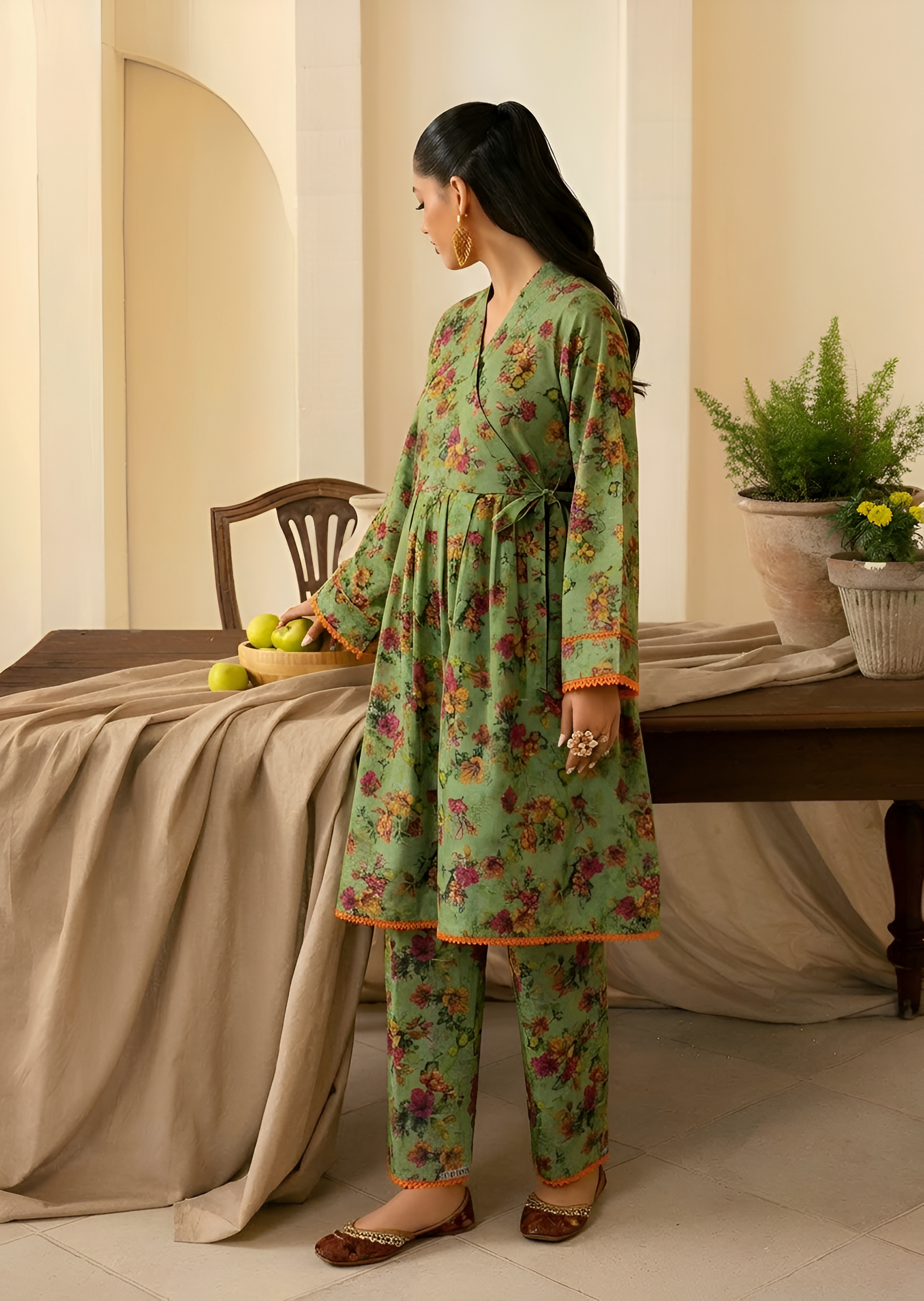 linen Short Frock in Pistachio green