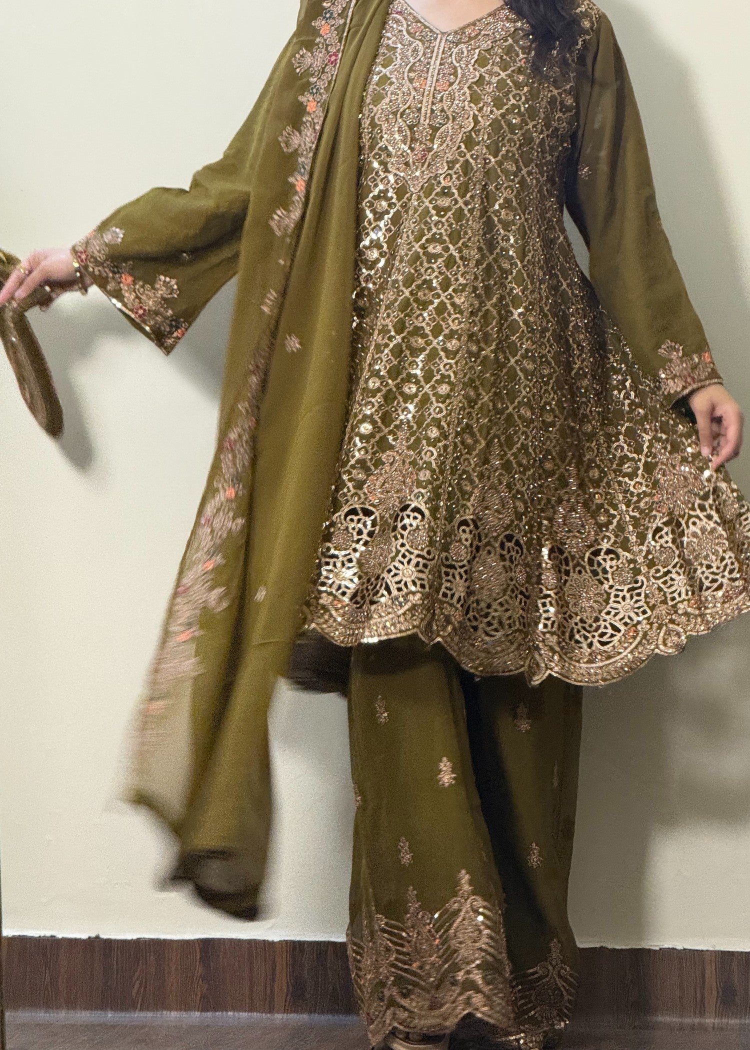 chiffon Short Frock in Olive green