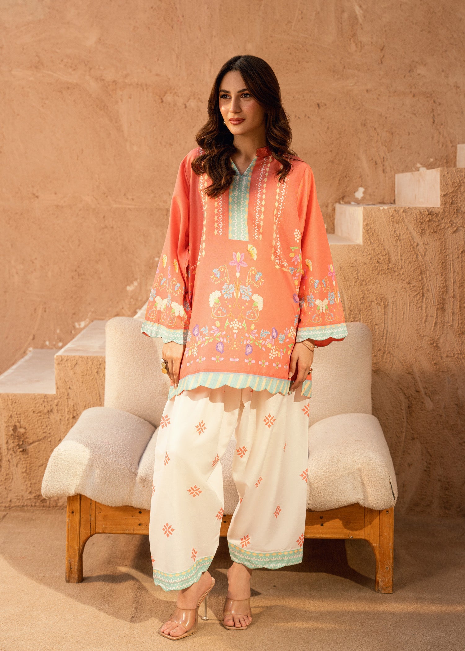 arabic lawn Co Ord Sets in Peach pink