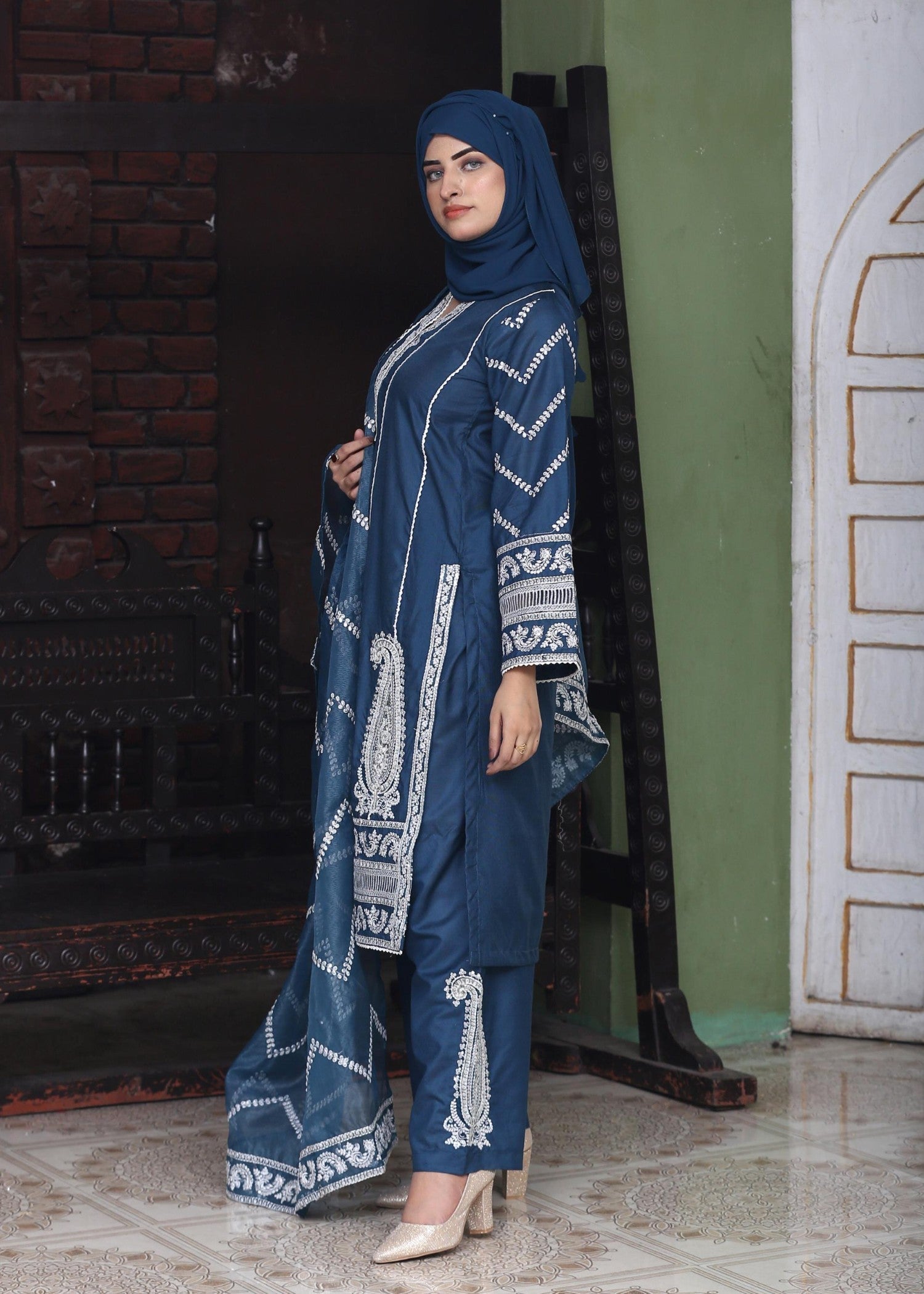 khaddi net Kurta Set in Indigo