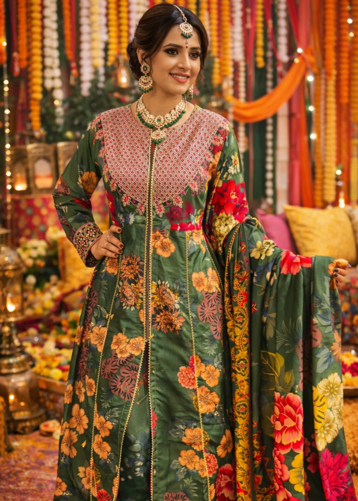 corduroy Anarkali in Bottle green