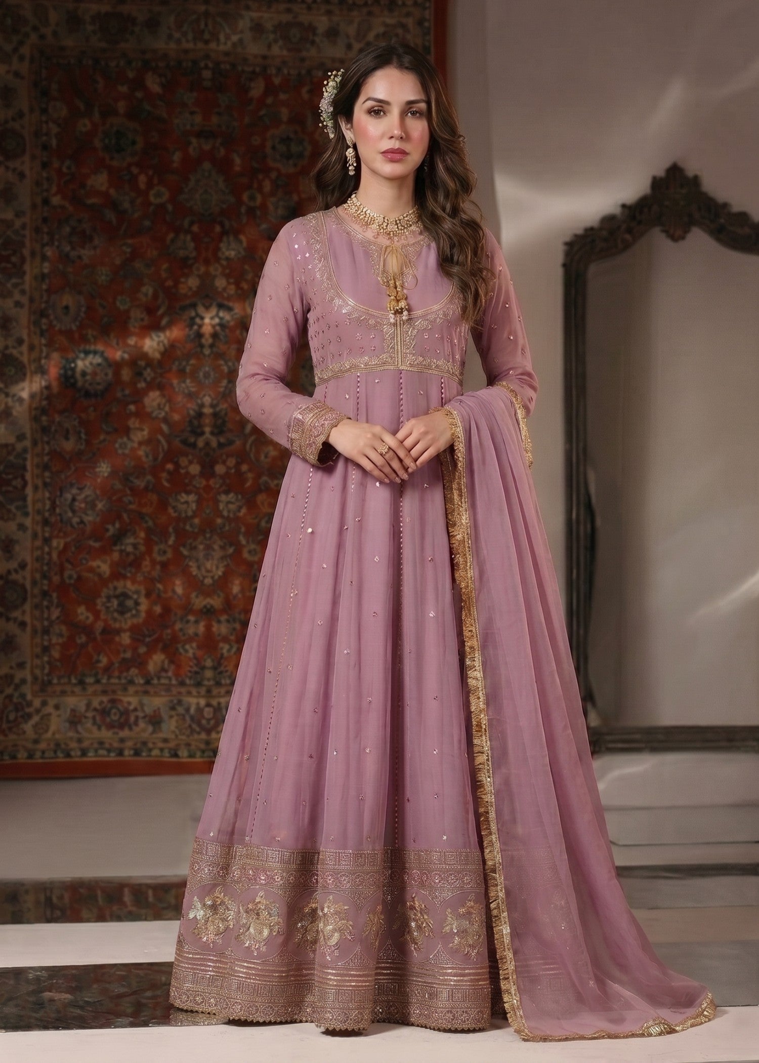 chiffon Anarkali in Mauve pink