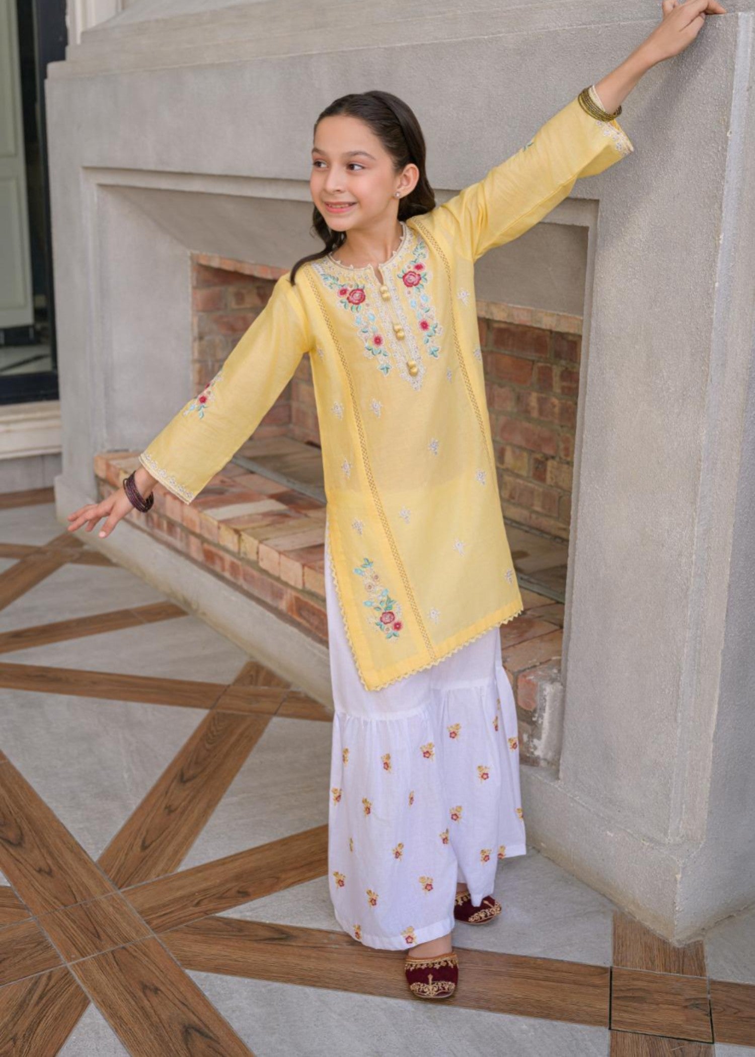 lawn Gharara in Lemon