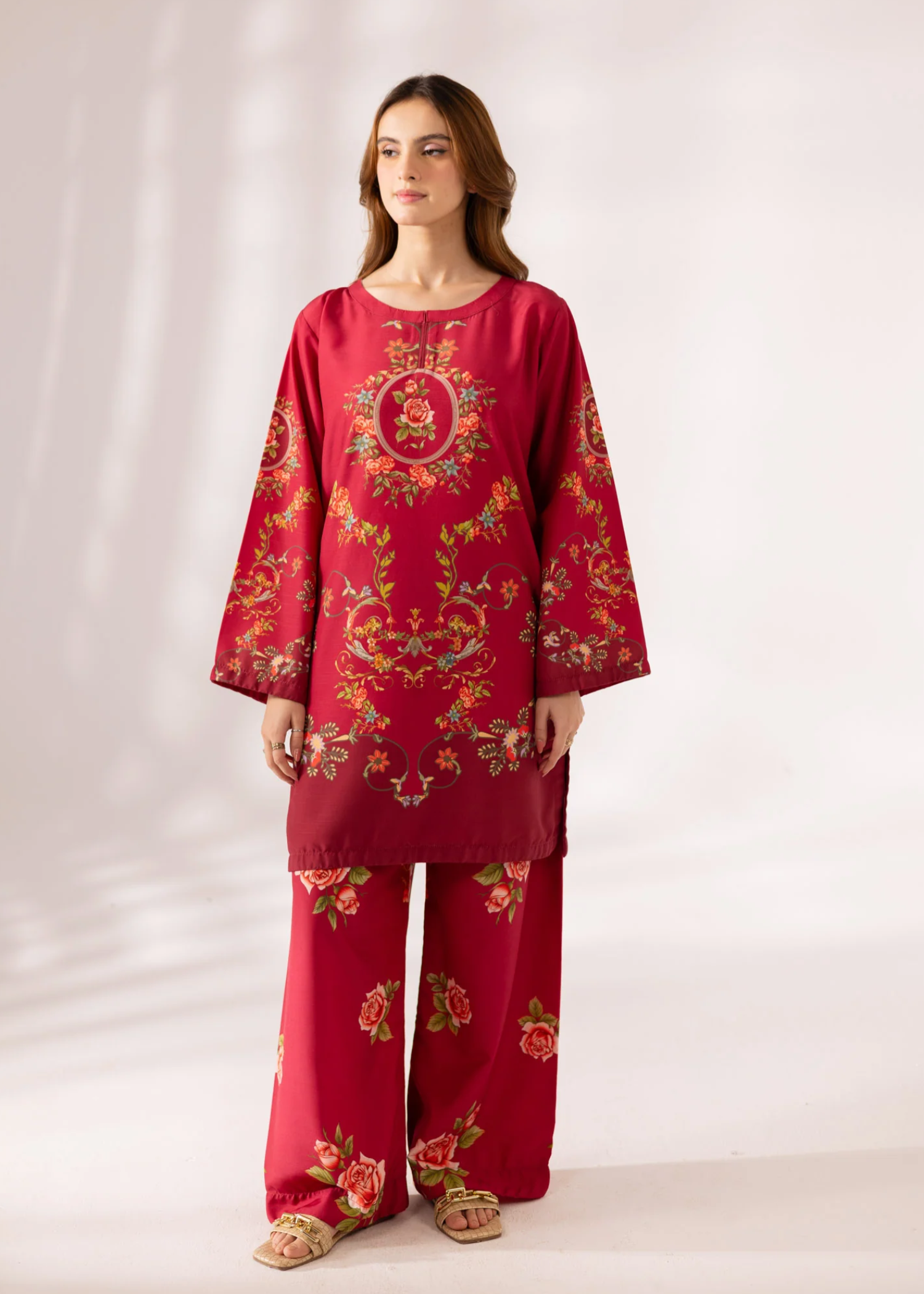 slub khaddar Co Ord Sets in Cardinal red