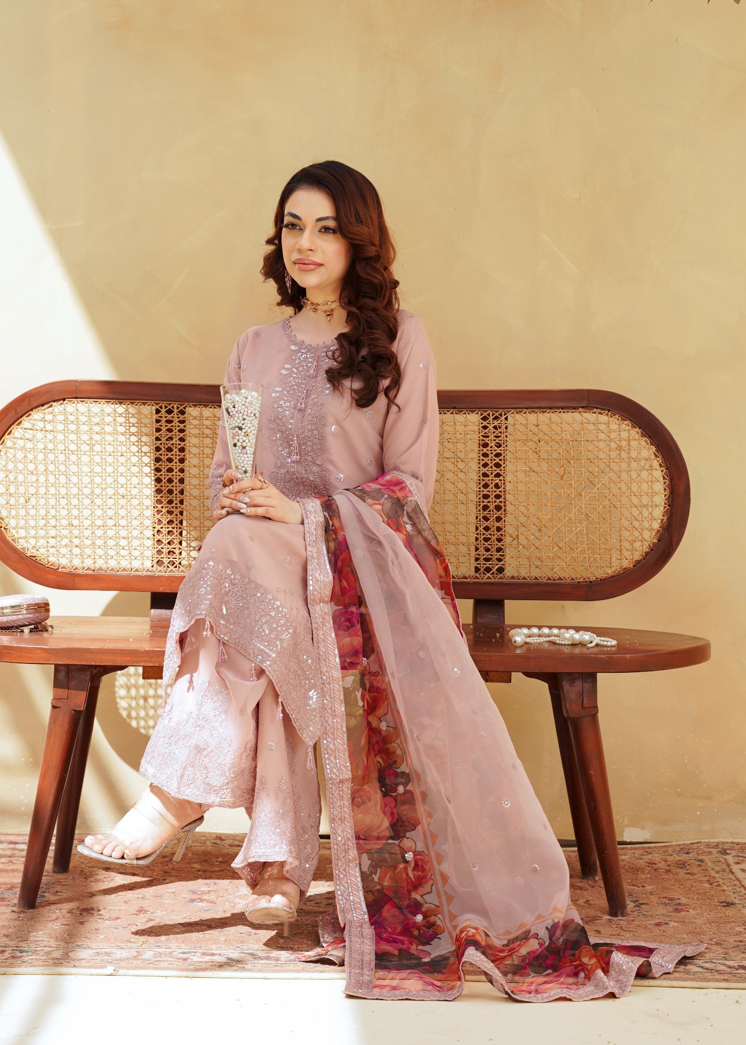 chiffon Kurta Set in Pastel pink