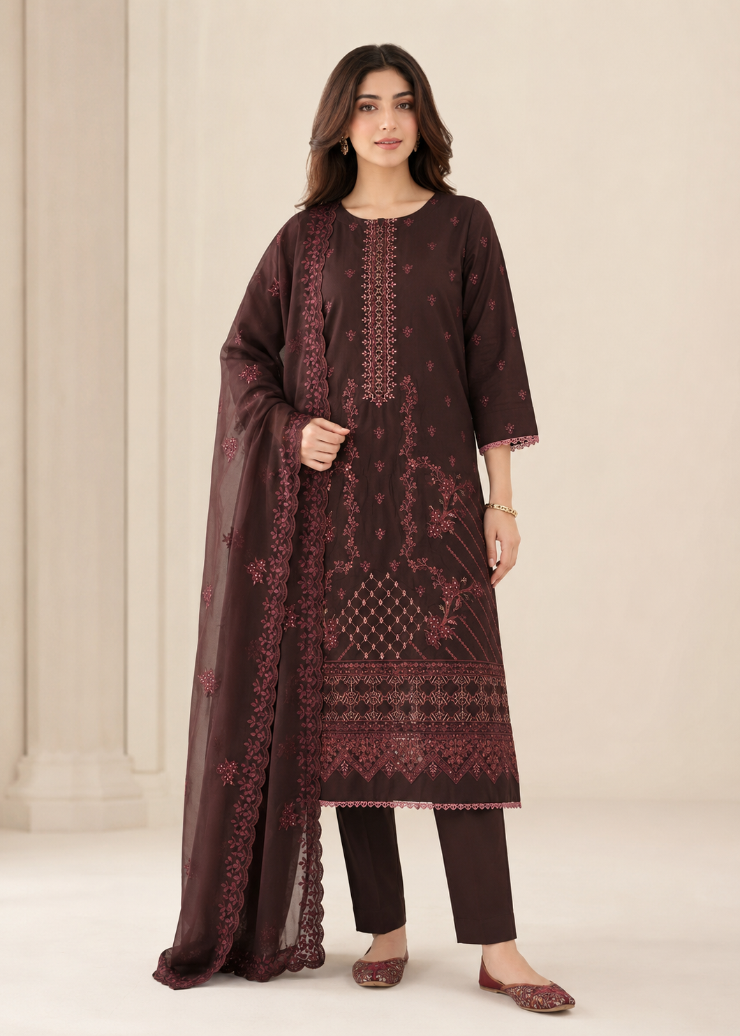 lawn Kurta Set in Chestnut brown