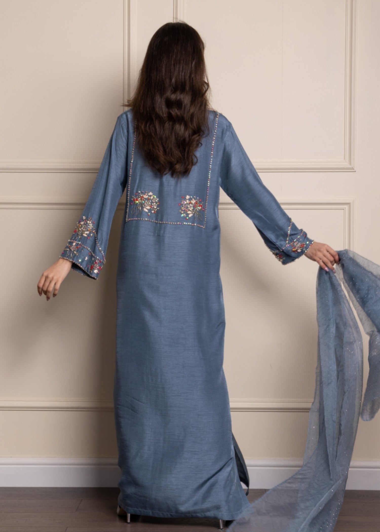korean raw silk Kaftan in Light blue