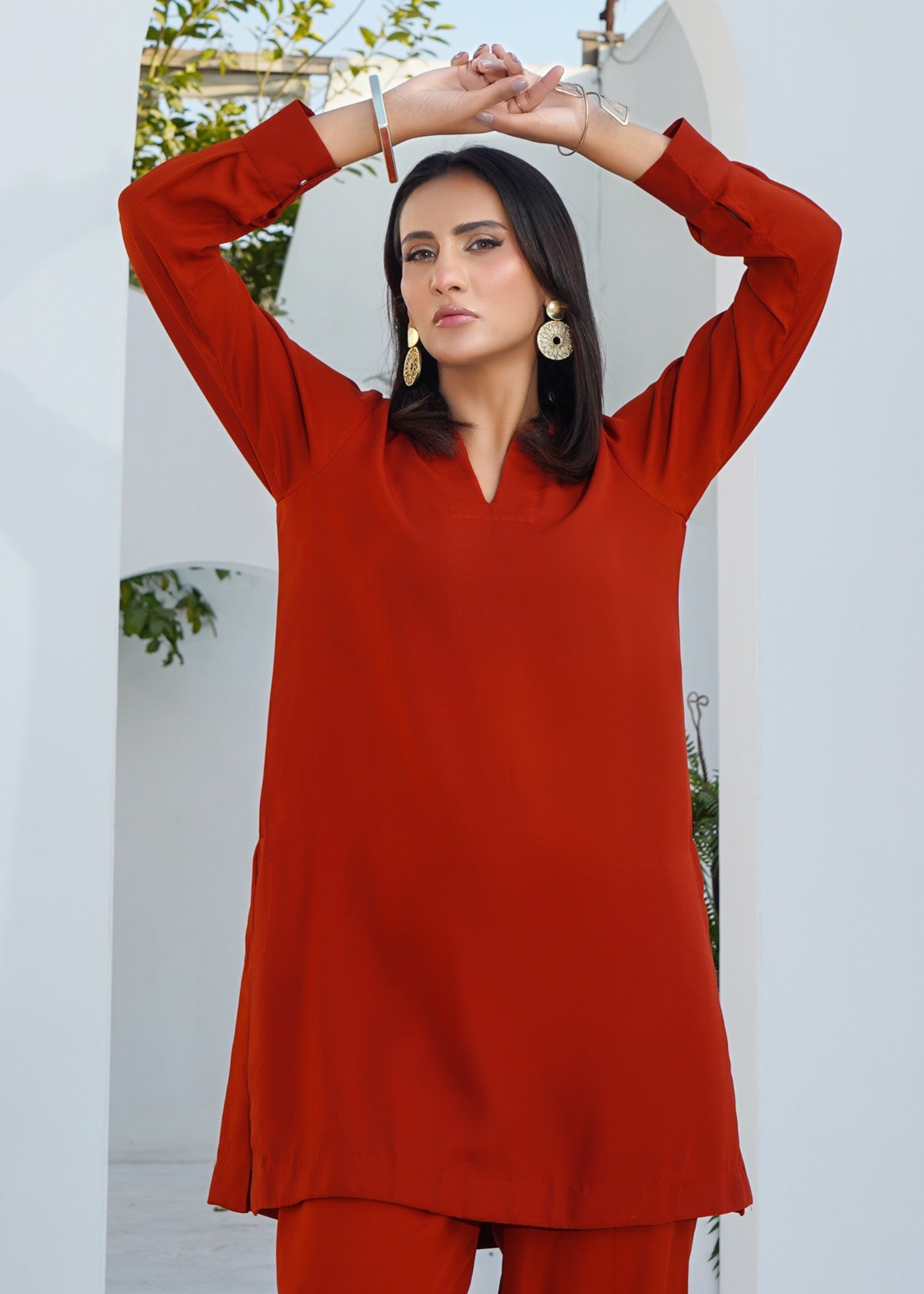 silk georgette Co Ord Sets in Rustic red