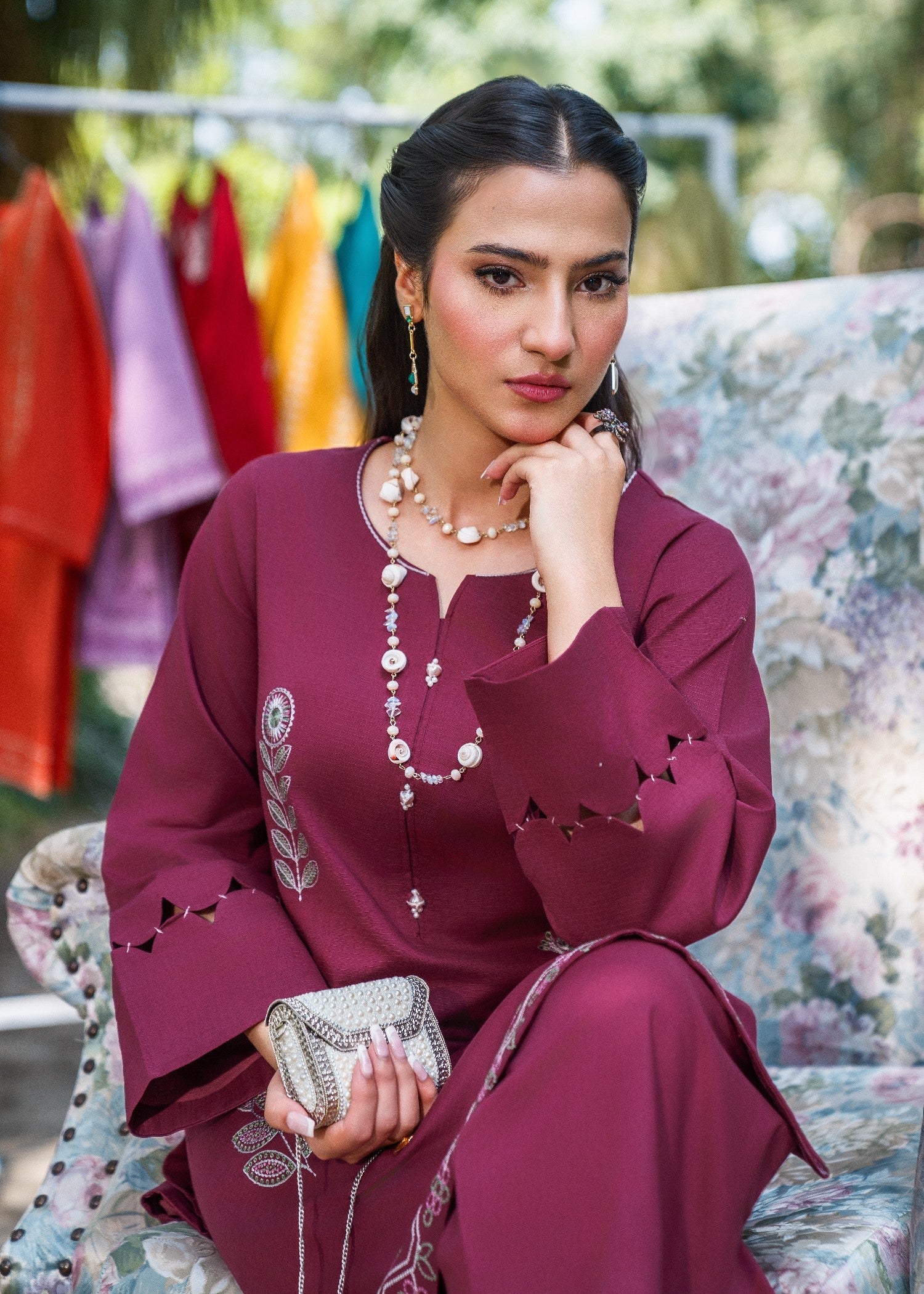 textured lawn Kurta Set in Wine