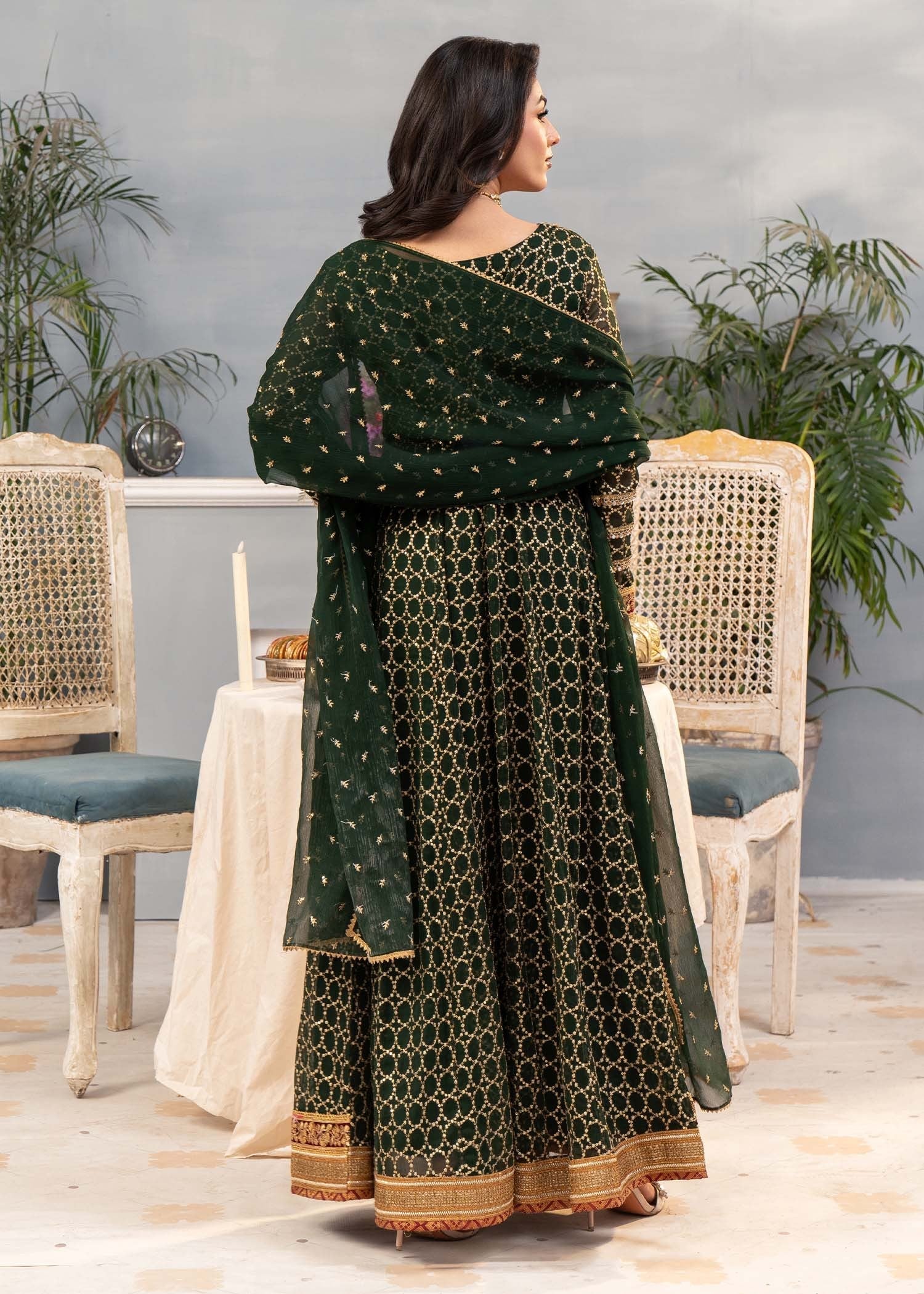 chiffon Anarkali in Bottle green