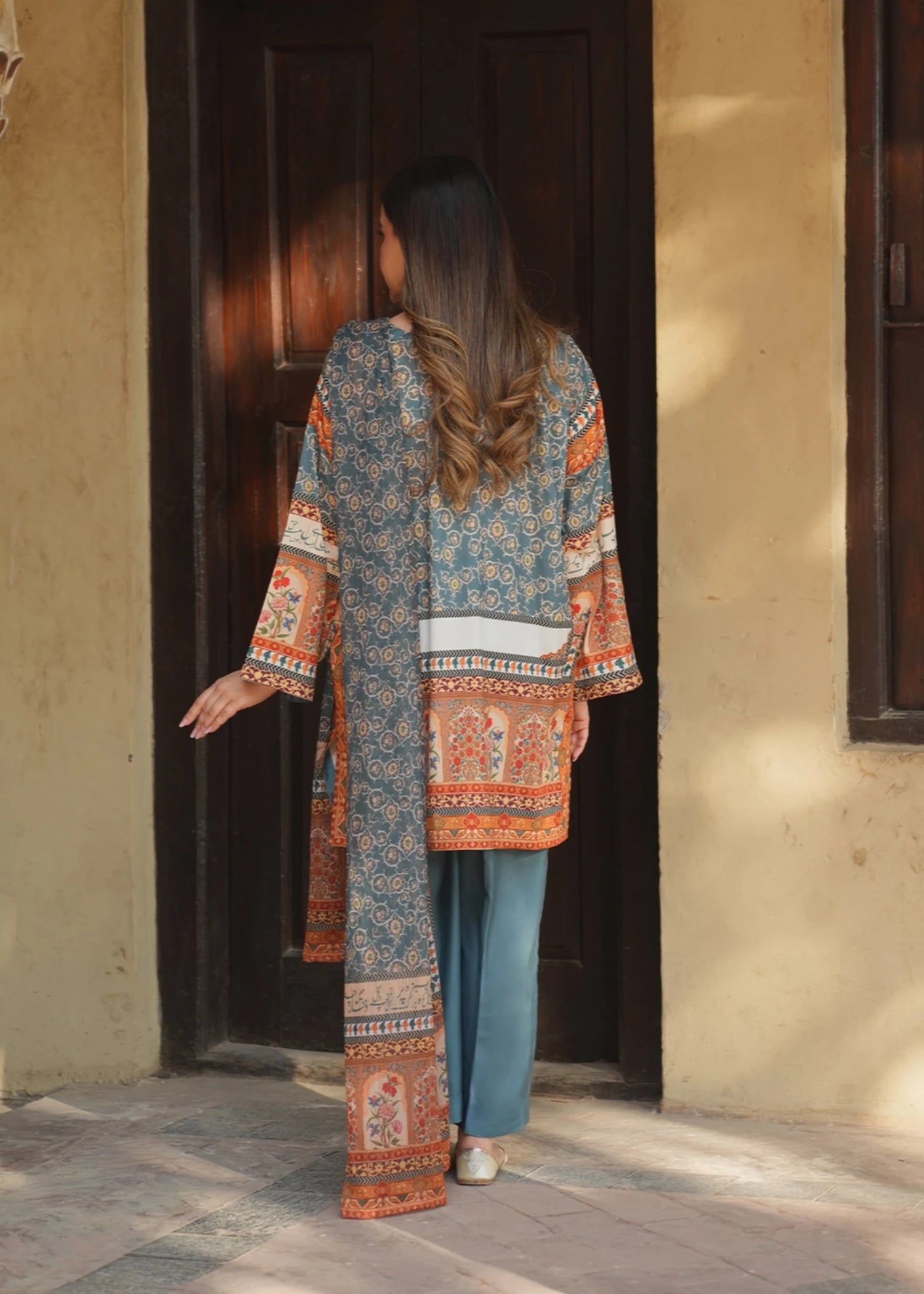 polyester crepe Kurta Set in Steel teal