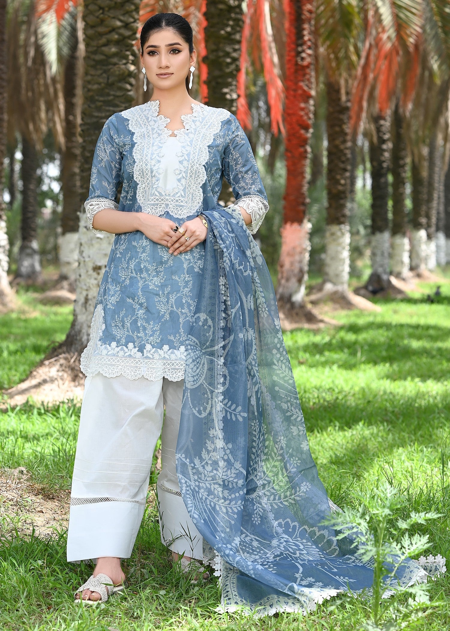 chikankari cotton Unstitched in Slate grey