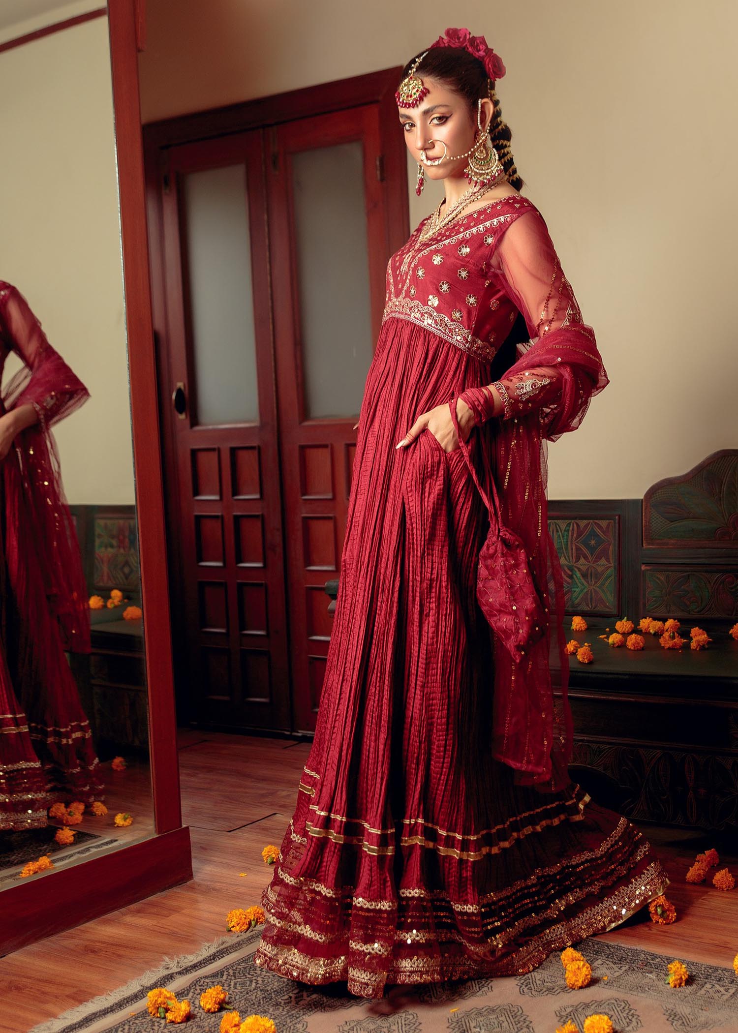 cotton silk Pishwas in Maroon