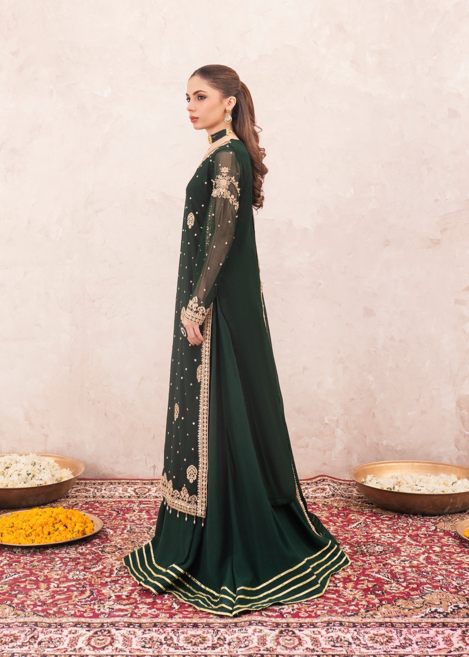 chiffon Lehenga in Dark green