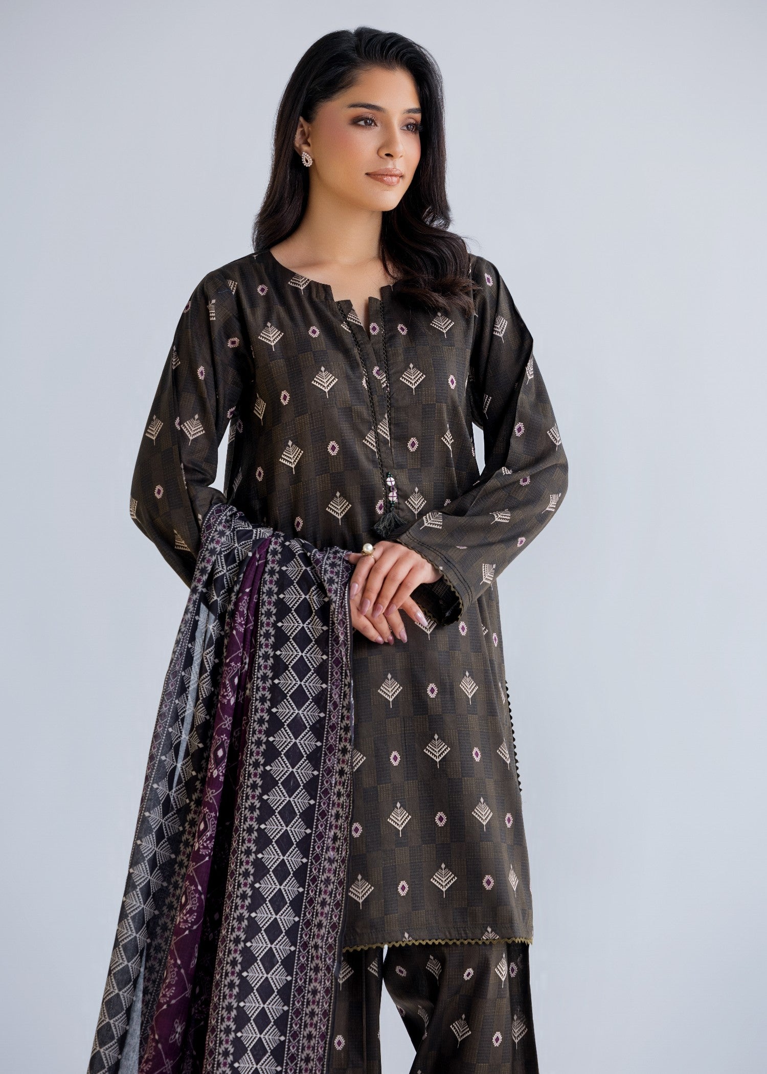 lawn Kurta Set in Walnut brown
