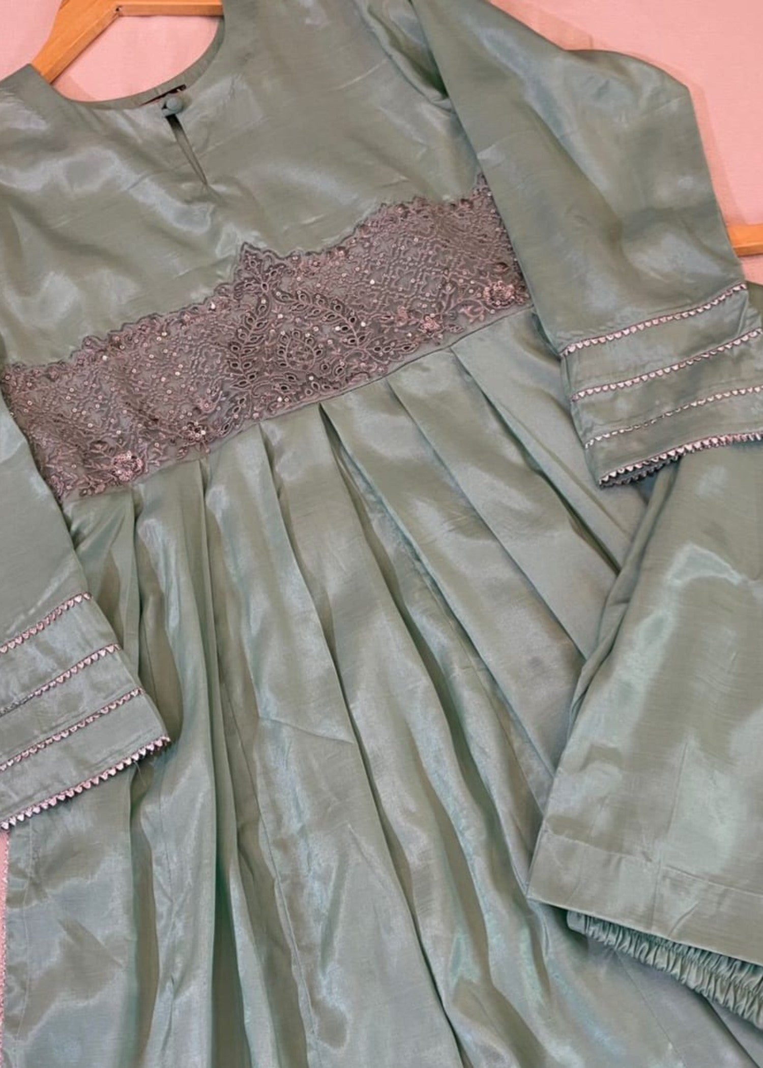 raw silk Short Frock in Tea green